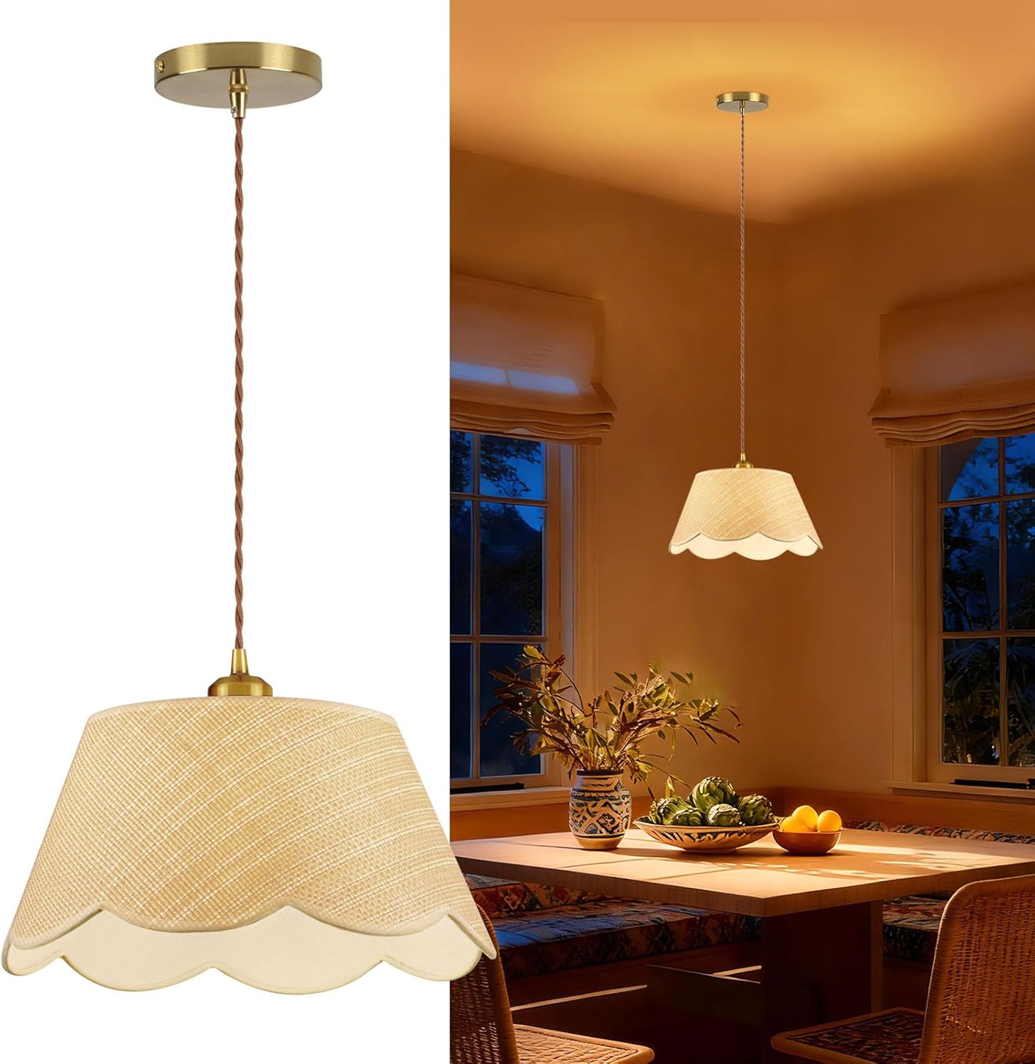 13" Gold Rattan Pendant Light, Modern Farmhouse Hanging Lamp with Scalloped Drum Shade, Vintage Coastal Boho Lighting Fixture for Kitchen Island, Dining Room, Bedroom, Living Room, Foyer