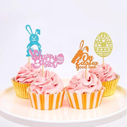 Miniatura 7 de Ercadio Paquete de 24 adornos para cupcakes de Pascua con purpurina para decoración de buena suerte, suministros para fiesta de cumpleaños de baby