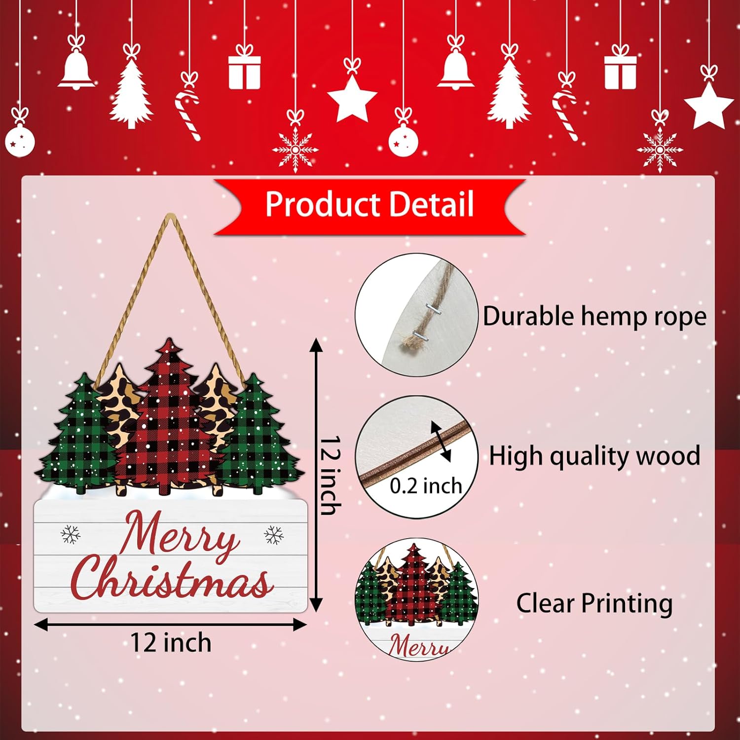 YUNKKIN Christmas Wall Decor Tree Door Decorations Buffalo Plaid Christmas Decorations Wooden Front Door Hanger Tree Hanging Sign Wreath for Wall Indoor Home Decor
