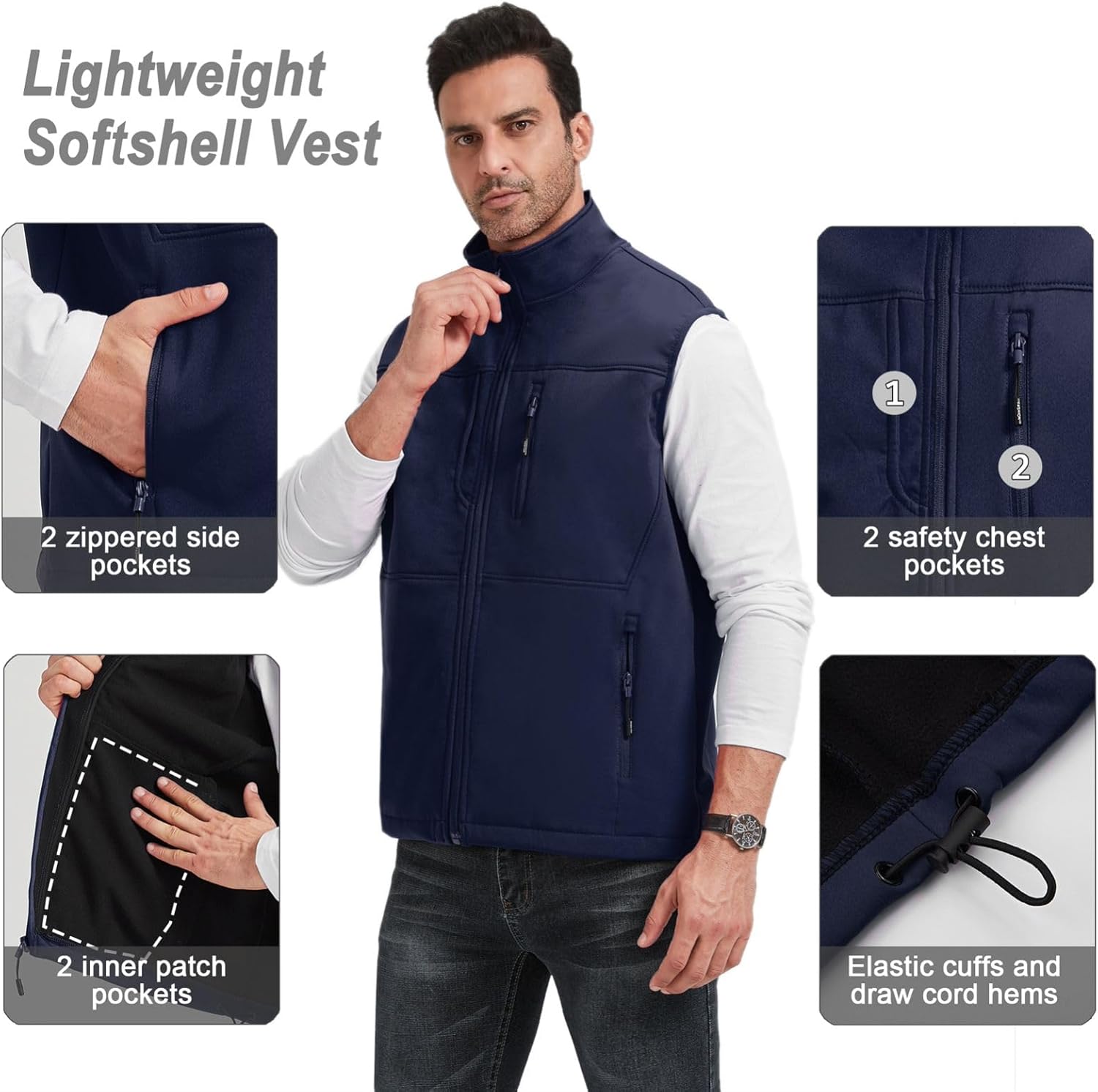 XinYangNi Men's Lightweight Softshell Golf Running Vest Outerwear Zip Up Fleece Lined Windproof Sleeveless Jacket for Hiking - Image 2