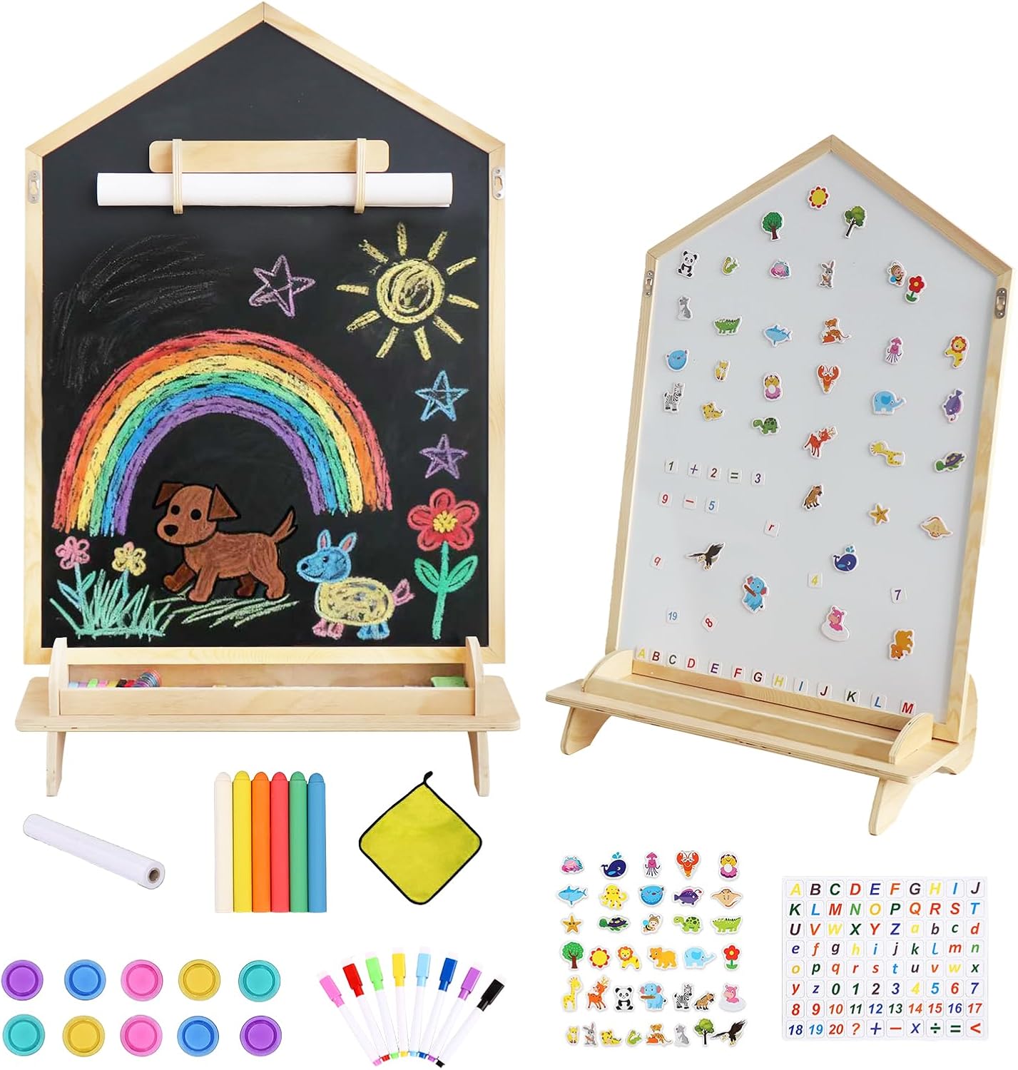 Kids Art Easel, Double-Sided Magnetic Whiteboard & Chalkboard with Accessories, Drawing Doodle Board for Toddlers, Gift for Home & Classroom