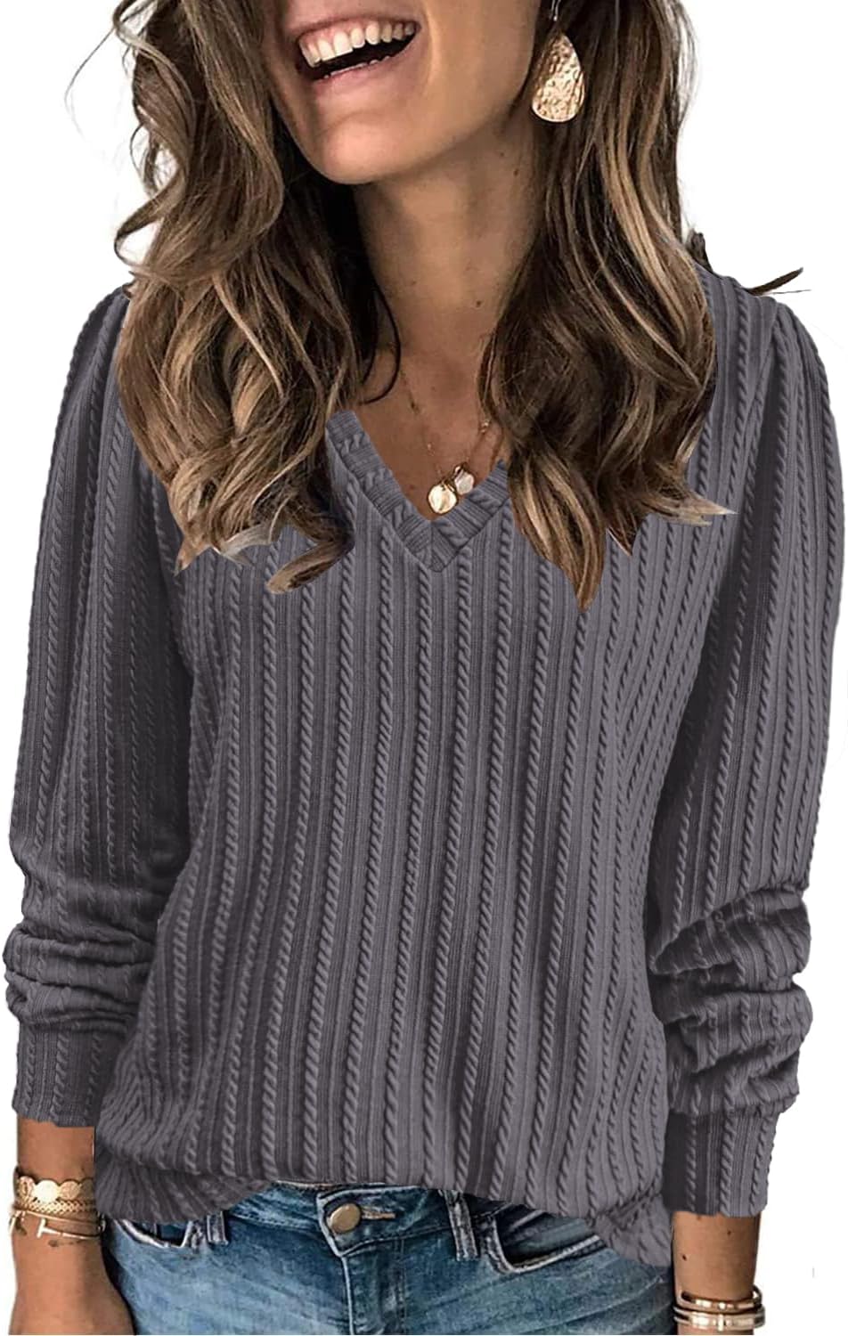 XMTOPYEWomen's Fashion 2024 Casual Long Sleeve Tops V Neck Thin Knit Shirts Spring Summer