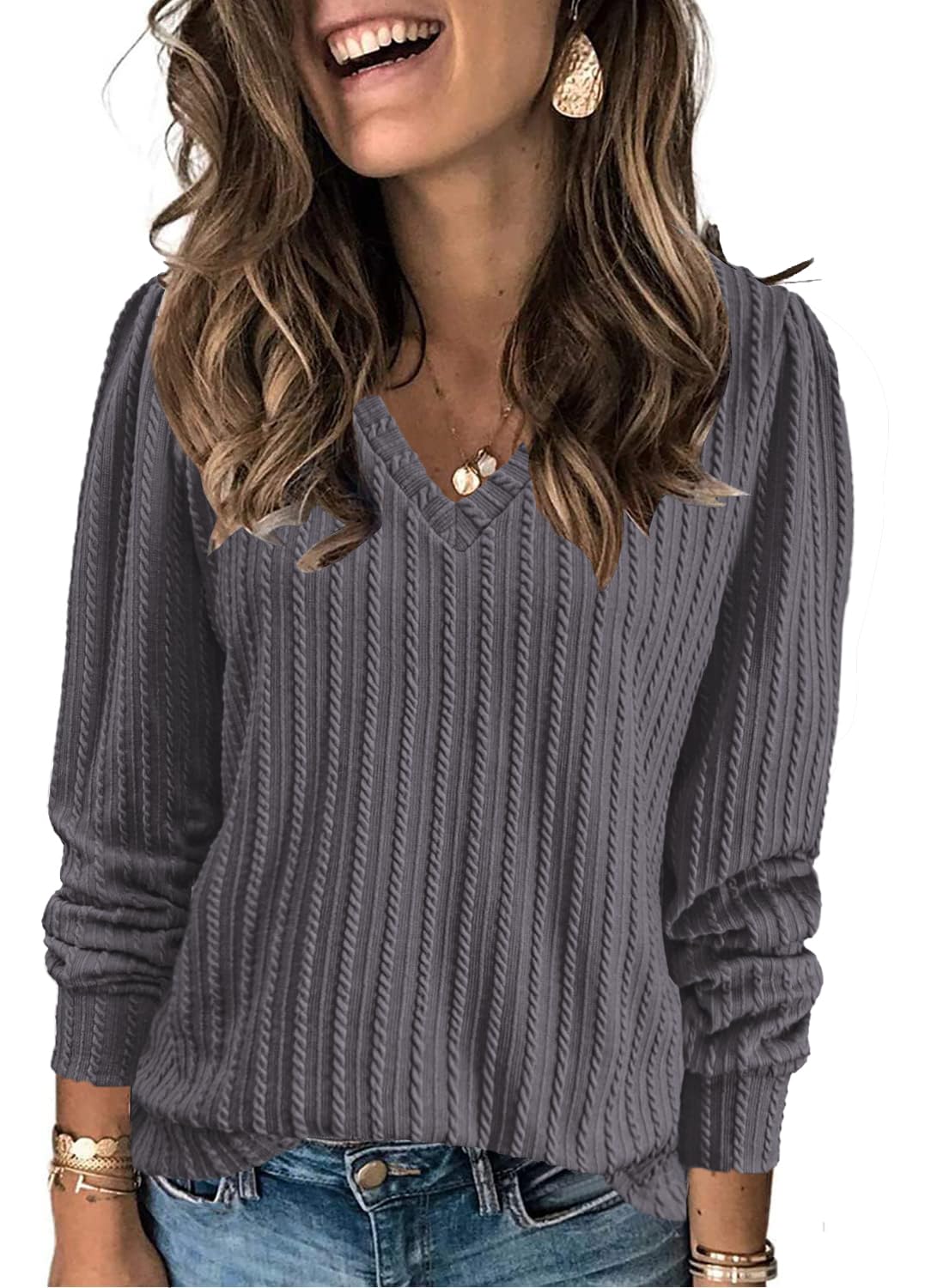 XMTOPYEWomen's Fashion 2024 Casual Long Sleeve Tops V Neck Thin Knit Shirts Spring Summer