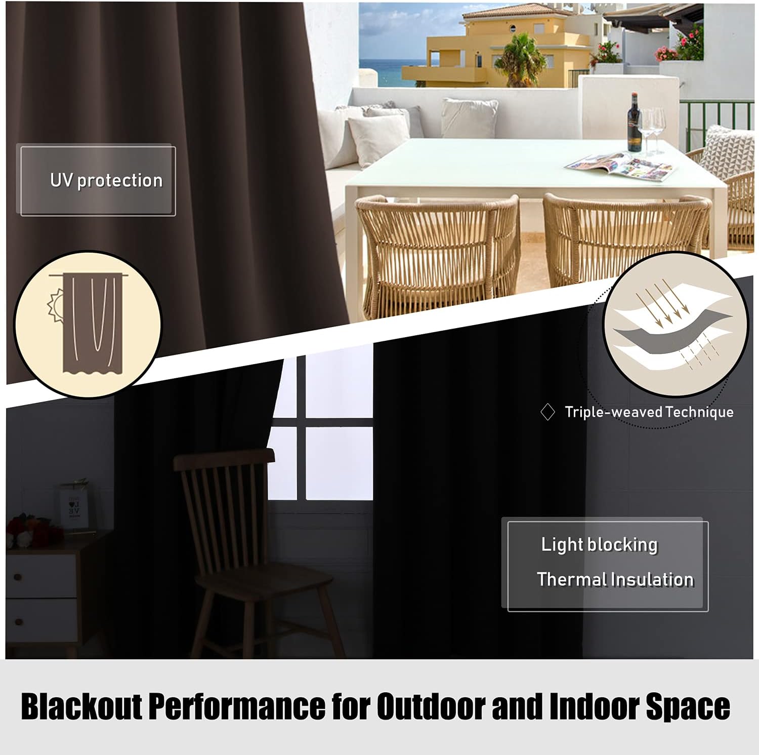 BONZER Waterproof Indoor/Outdoor Curtains for Patio - Thermal Insulated, Sun Blocking Grommet Blackout Curtains for Bedroom, Porch, Living Room, Pergola, Cabana, 2 Panels, 52 x 84 inch, Chocolate
