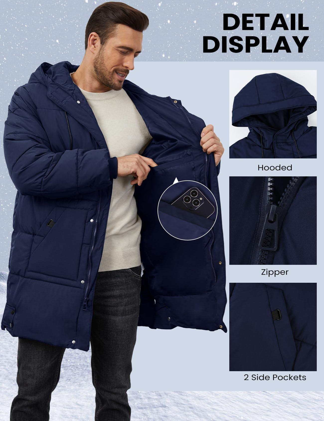 Gihuo Piumino lungo da uomo invernale caldo con cappuccio giacca trapuntata con zip imbottita cappotti capispalla