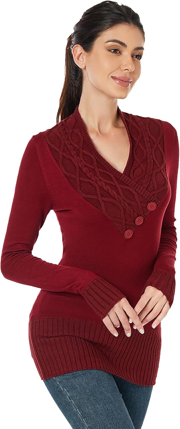 AmélieBoutik Women Crossover Cable Knit V Neck Long Sleeve Pullover Sweater - Image 3