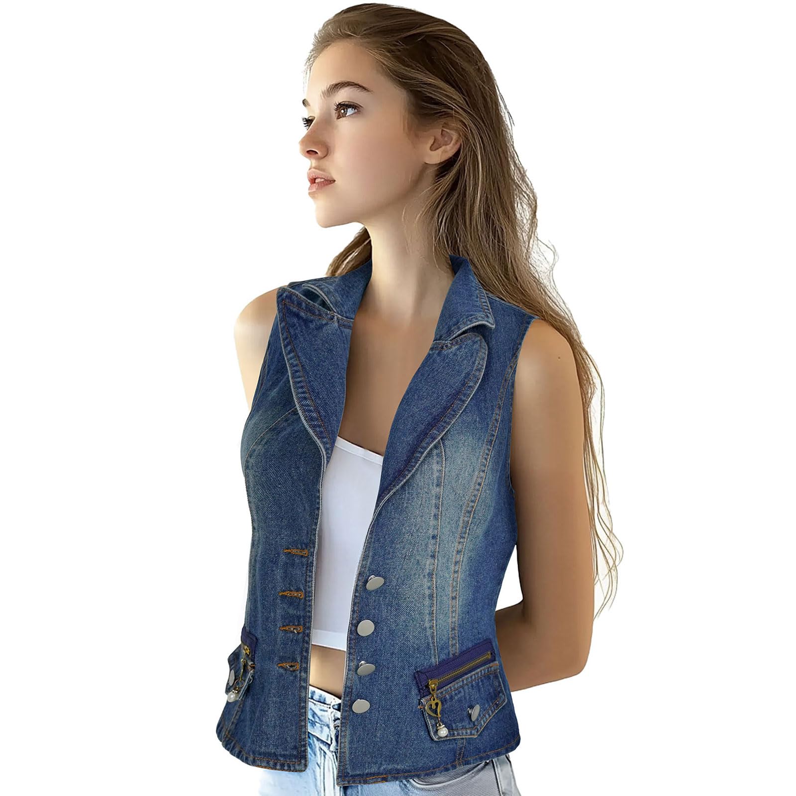 Women's Lapel Denim Vest Button Vest Jacket Blue Vest, Blue, Medium