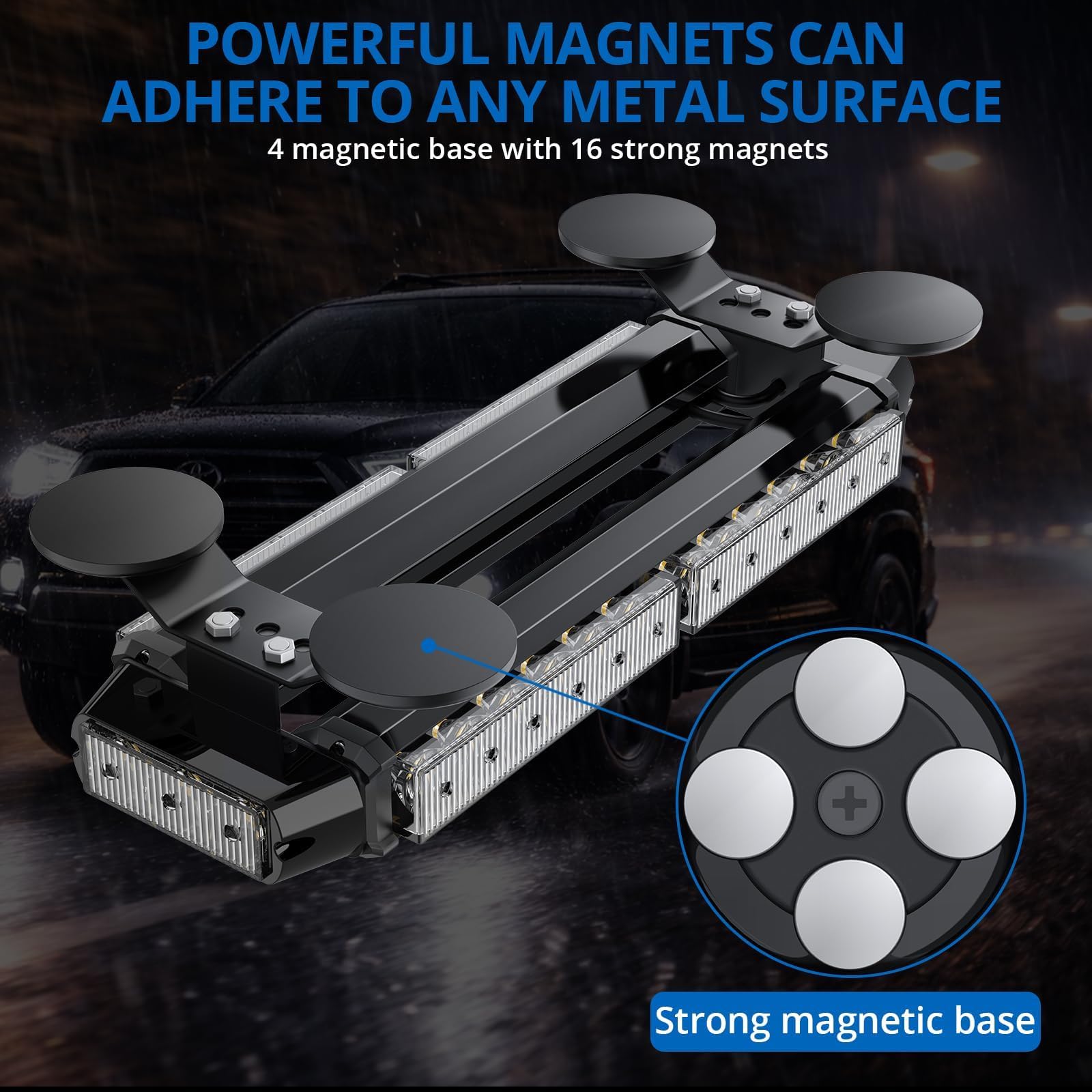 30LED migające światła awaryjne z czarnym metalowym uchwytem, magnetyczny pasek LED z kablem 5 m, 12/24 V, IP65 i 7 trybami pamięci, uniwersalny do ciężarówek, traktorów przyczep kempingowych