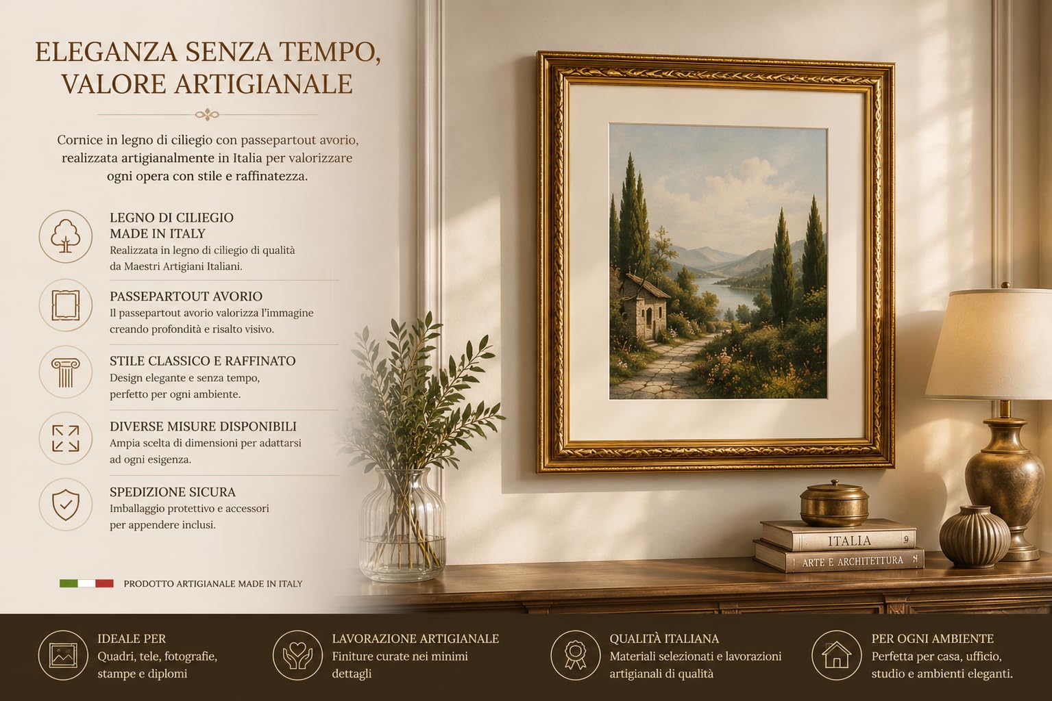 ITALIA CORNICI Maestri Artigiani - Cornice in Legno da Parete per Quadri Tele Ciliegio con Passepartout Avorio Made in Italy (30 x 40 cm + passepartout)