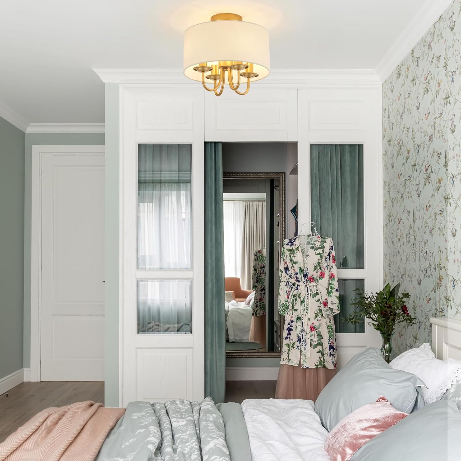 VILUXY Gold Semi-Flush Mount Ceiling Light Fixture with White Fabric Drum Shade Modern Farmhouse Linen 4 Lights Ceiling Lmaps for Bedroom, Dining Room, Corridor, Living Room