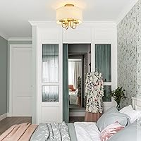 Vista 3 de VILUXY Lámpara de techo de montaje semiempotrado dorada con pantalla de tambor de tela blanca moderna estilo granja 4 luces para dormitorio