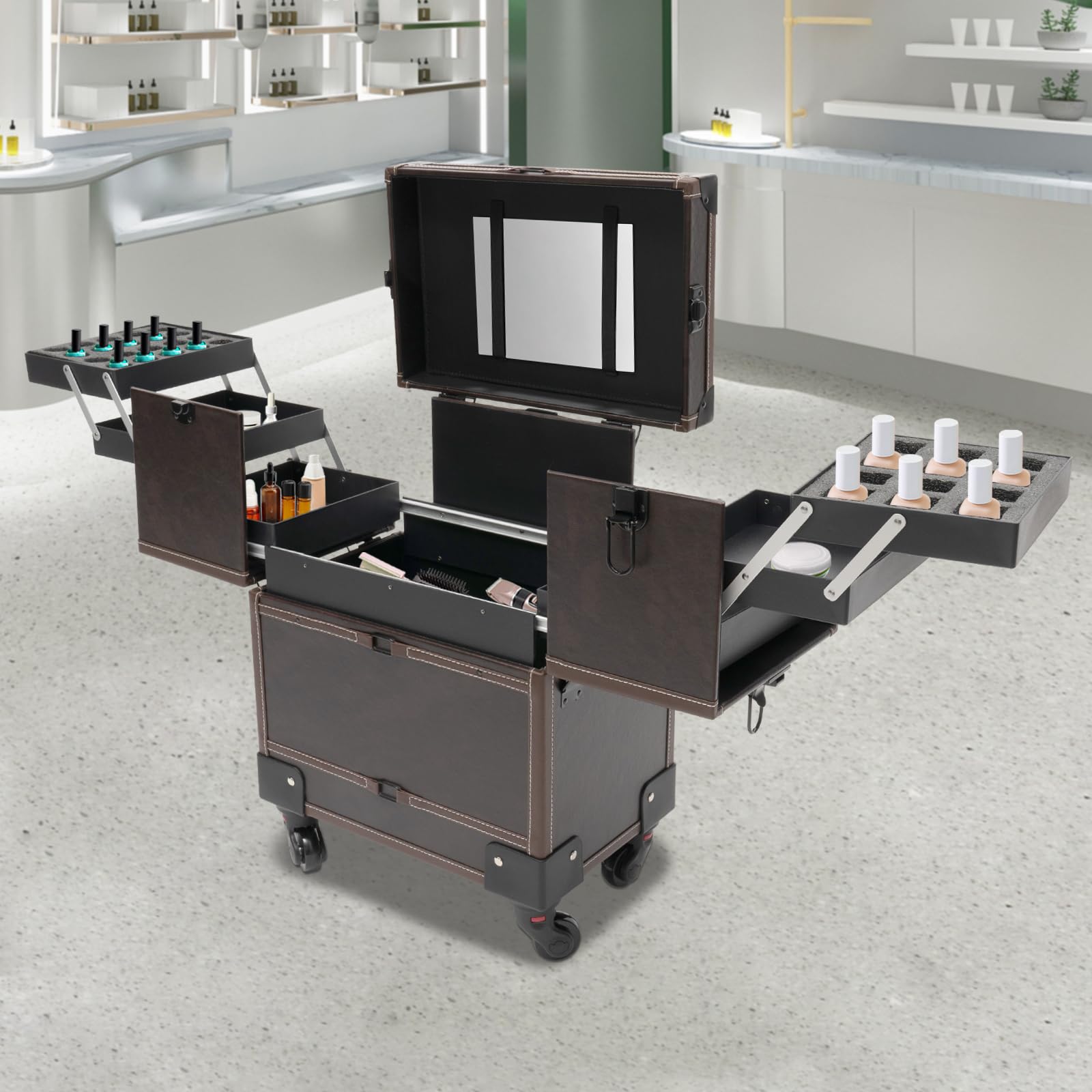 Professioneller Makeup-Koffer auf Rollen – Kosmetik-Trolley mit Herausnehmbaren Fächern, Wasserabweisend, Abschließbar, 110 lbs Belastbar, für Visagisten, Nageldesigner und Friseure (Kaffee)