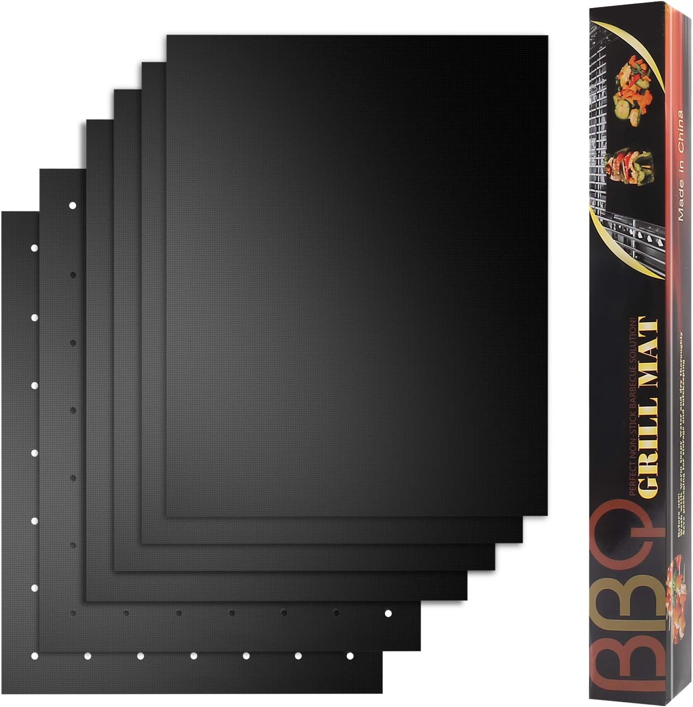 Freshmage Grill Mats, Set of 6 Non Stick Barbecue Grill Mats 500 Degree Reusable Easy to Clean Dishwasher Safe Oven Liners for Bottom of Electric Oven 15.75x13 Inches, 4pcs Black+2pcs Mat with Holes…