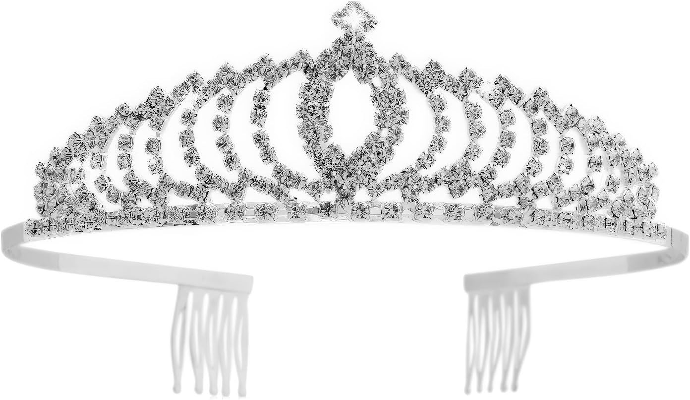 Silver Tiara Crystal Crown Headband Headpiece Rhinestone Hair Jewelry Decor for Women Ladies Little Girls Bridal Bride Princess Halloween Costume Party Birthday Wedding Pageant Prom with Combs