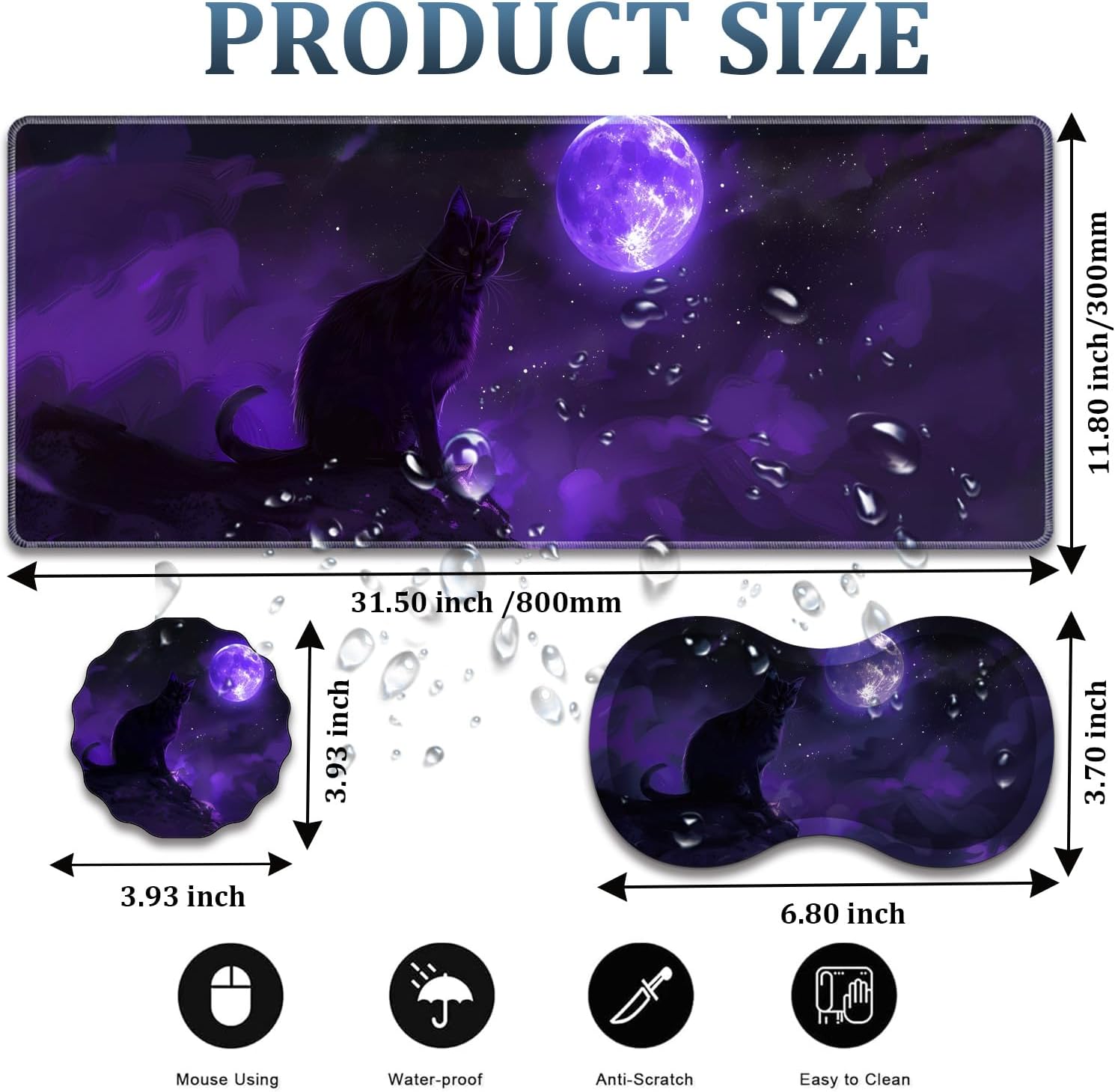 Large Gaming Mouse Pad + Wrist Rest + Lace Coaster Non-Slip Set, with Sewn Edges and Waterproof Expandable Desktop Pad, Suitable for Office/Home, Black Cat and Purple Moon
