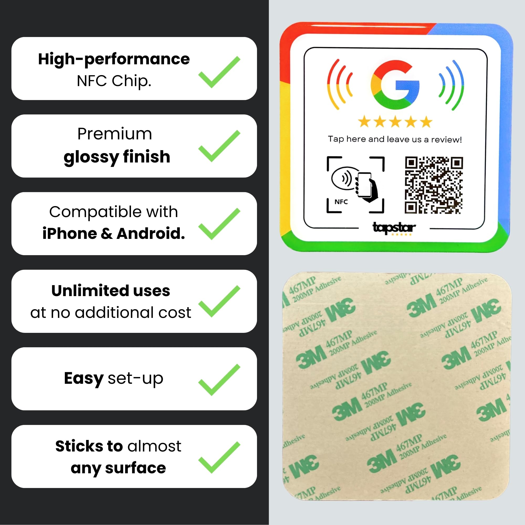 Acrylic Plate for Google Reviews with NFC & QR – Sticker – NFC Adhesive to Boost Google Reviews – QR for Opinions – Easy Setup with Web App – Universal Compatibility – No Subscriptions