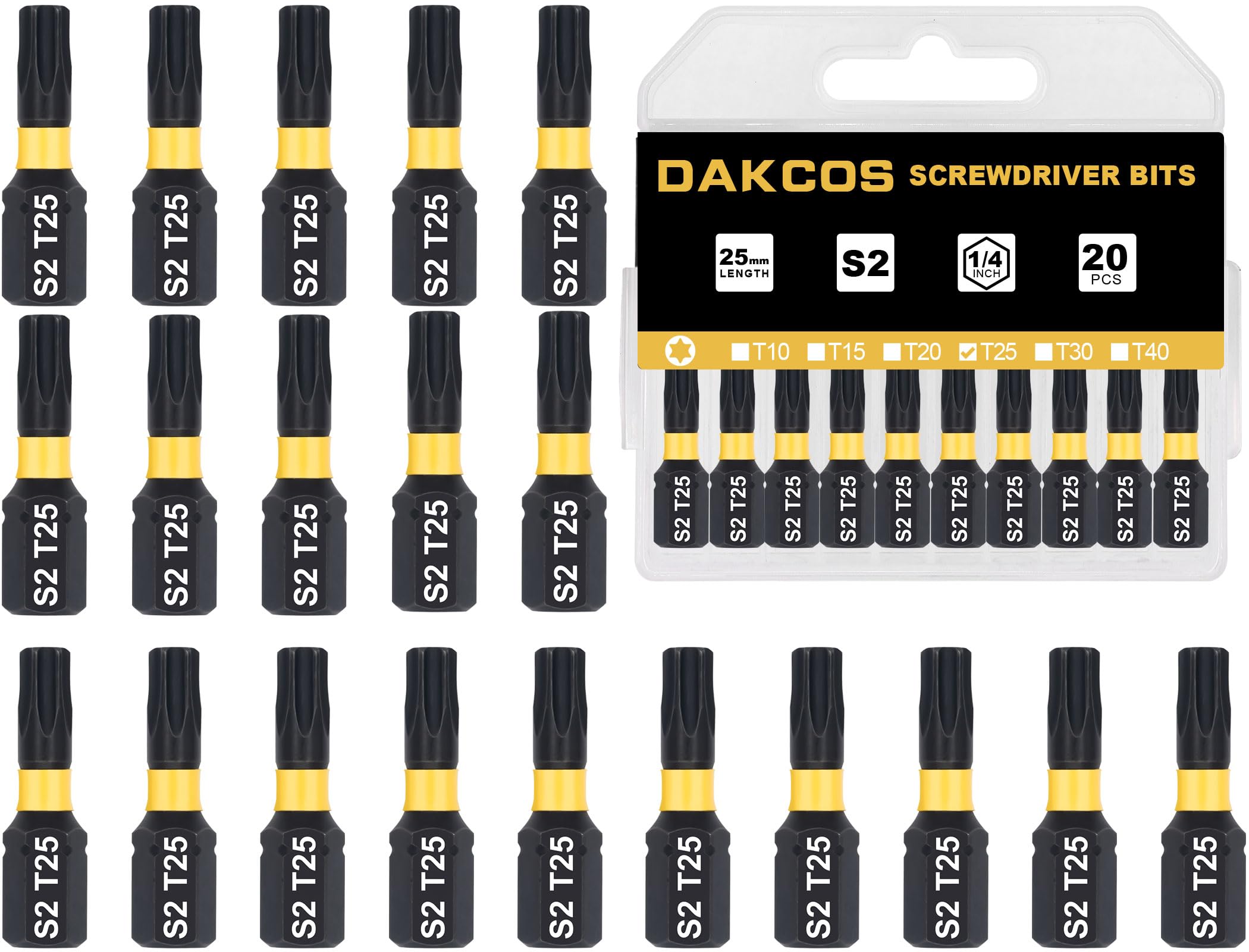 Dakcos T25 Torx Bit, Impact Driver Bits, 1/4" Screwdriver Bit Sets, 20Pcs Premium S2 Alloy Steel Bits, 25Mm Long