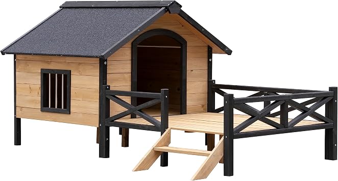 Outdoor Large Wooden Cabin House Style Wooden Dog Kennel with Porch 43.3 L x 69.9 W x 32.7 H