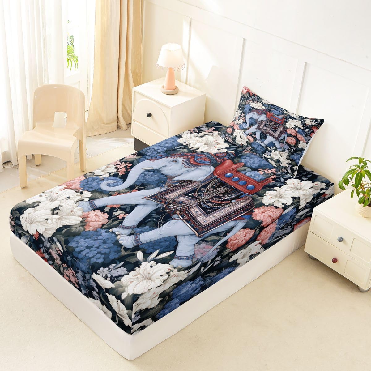 Castle Fairy Boho Elephant Fitted Sheet Twin Size (No Flat),Floral Bloom Bedding Sets 2Pcs,Kids Girls Boys Room Decor,Lily Hydrangea Flowers Bed Sheets Wild Animal Deep Pocket Sheet,1 Pillowcase