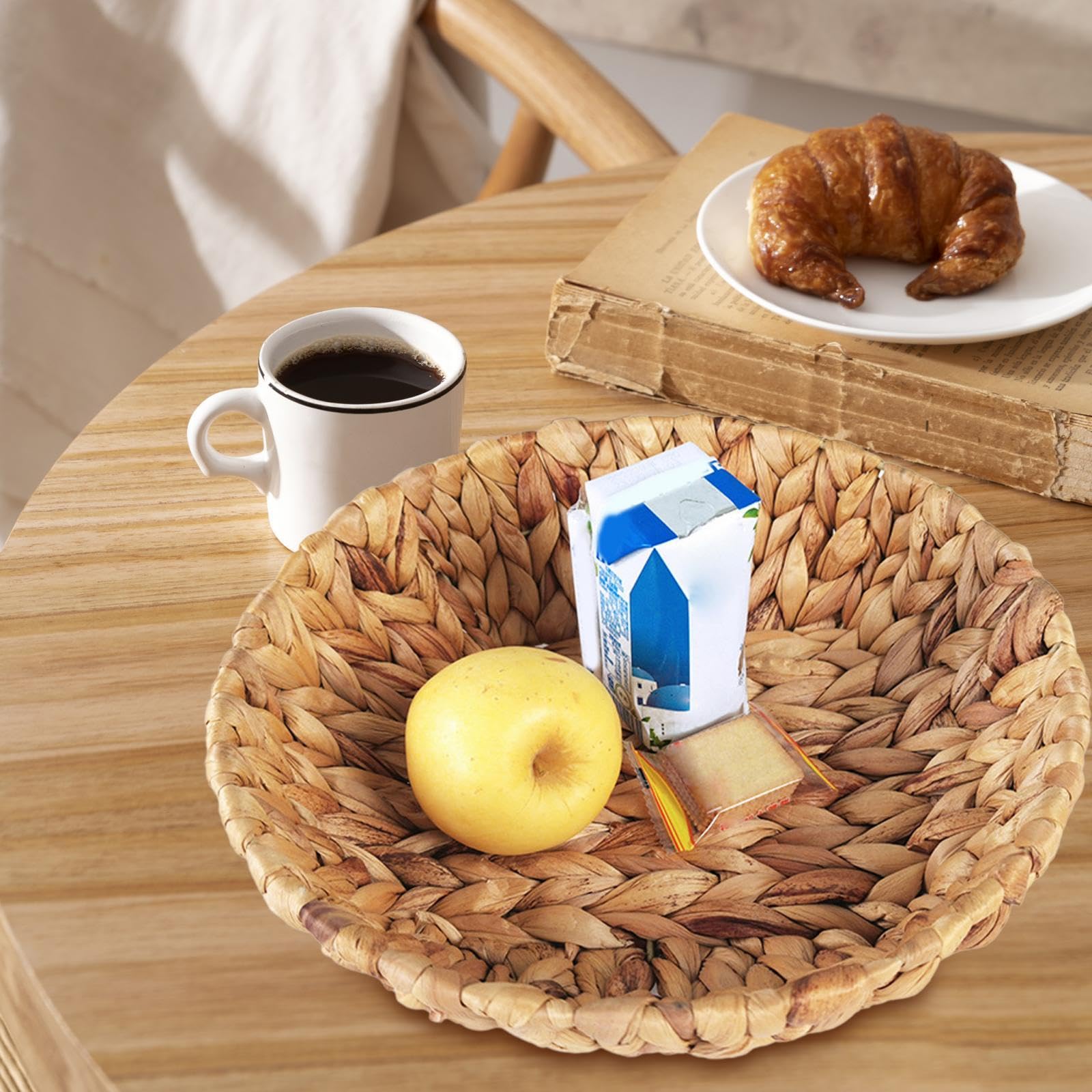 Plateau De Service En Jacinthe D'eau Tissé | Avec Poignées | Bord Ondulé | Panier Décoratif Pour Fruits, Pain, Couverts | 30 Cm