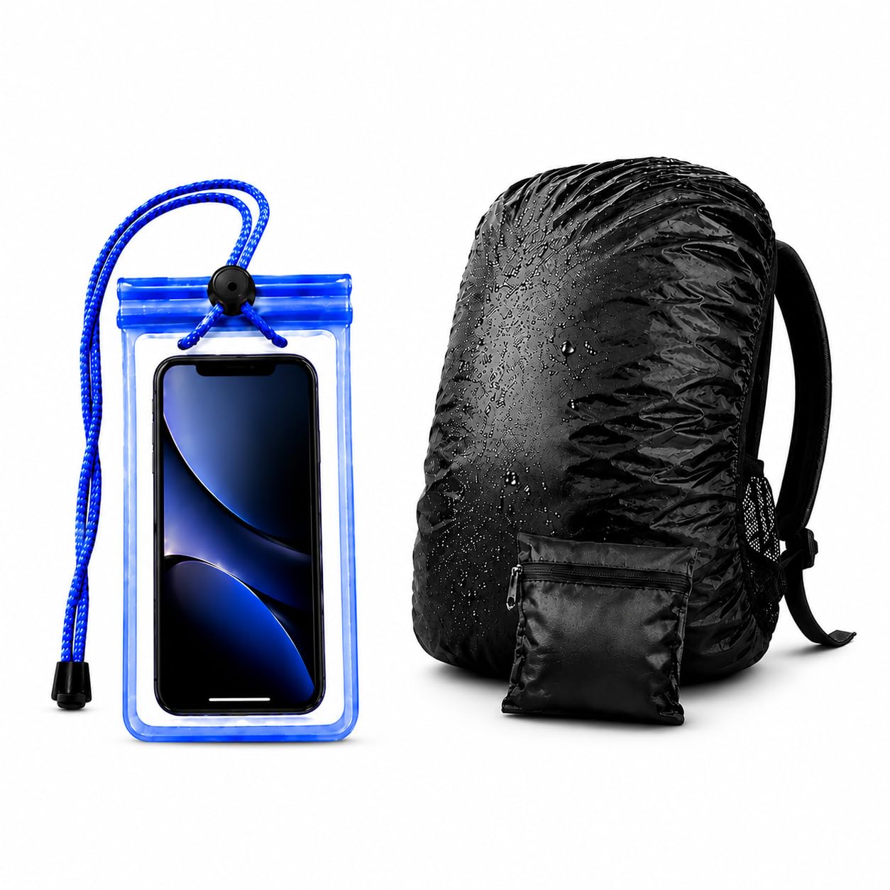 Qlivo 2-in-1 Monsoon Combo | Backpack Rain Cover for 30L-35L Bags + Waterproof Mobile Phone Pouch (Pack of 2) | Reusable, Dustproof & Water Resistant | 1+1 Combo Pack, Phone Lanyard Included, Foldable Bag Cover, Touchscreen Compatible, Outdoor Travel Use-image-1