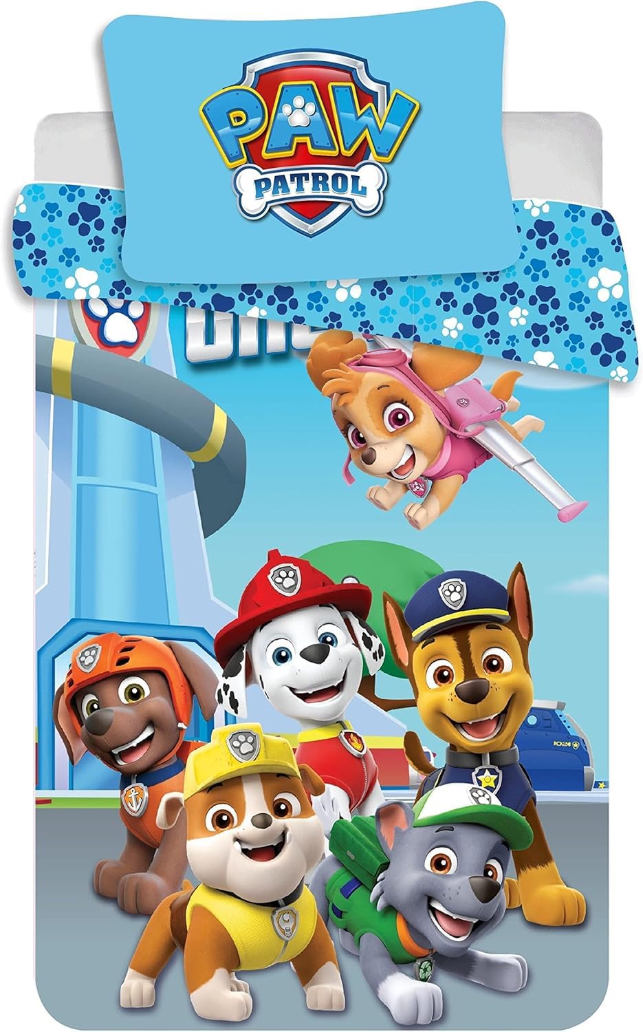 Paw Patrol Ropa de Cama 100% algodón, Azul, 100 x 135 + 40 x 60 cm | Ropa de cama bebé reversible | Algodón natural suave transpirable | Rubble Zuma Rocky | 0-3 | Cuna | Lavable a máquina