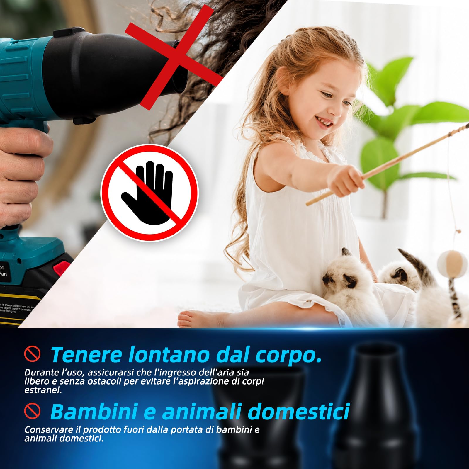 Soffiatore per foglie senza fili Turbo – 40000 giri/min, 60 m/s, 650 g – incl. 3 ugelli – Compatibile con Makita 18V – Blu (Senza batteria e caricabatterie)