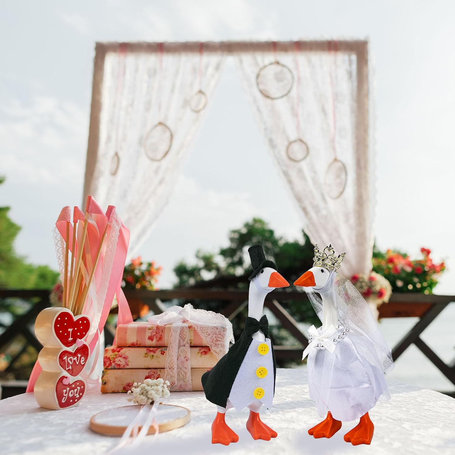2 Set 7 Inch Desk Goose Outfits Wedding Mini Goose Clothes Desktop Goose Outfits - Bride & Groom Clothes with Veil, Crown, Bow Tie & Tuxedo, Funny Desk Geese Dress Up Accessories, Desktop Motion Toys