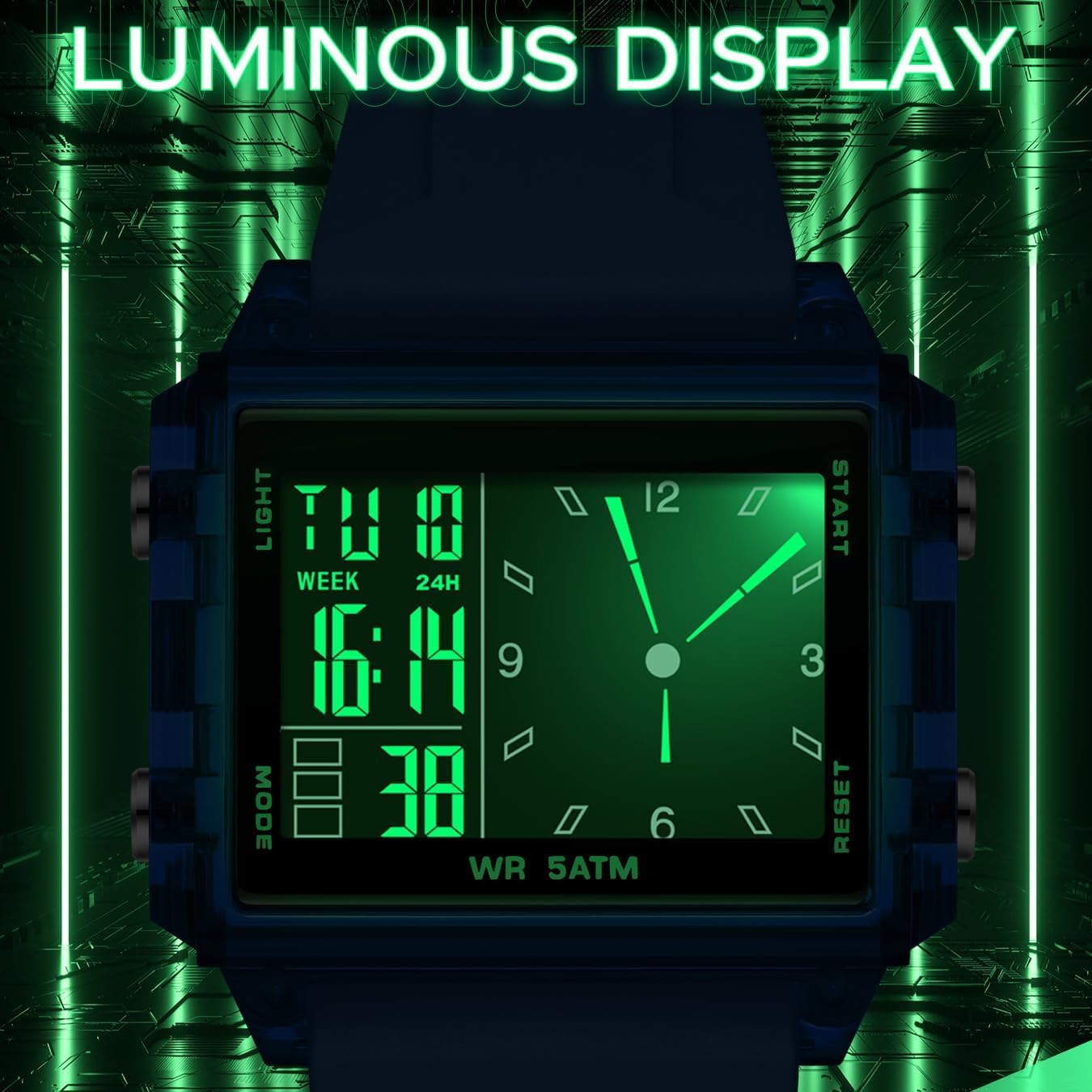 findtime Mens Digital Watch Dual Time Square Watches Waterproof Sport Military Outdoor Unique Cool Big Face Large Rectangle Wrist Watch Alarm Stopwatch Countdown Led Luminous Relojes para Hombres - Image 6