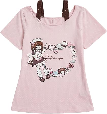 Pokn Y2K Off Shoulder Tops Kawaii Cartoon Print Tees Short Sleeve Cutecore T-Shirt Gyaru Graphic Shoujo Outfits