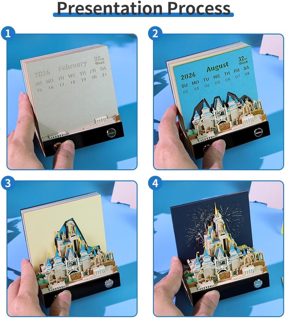 3D Calendar 2026, Desk Time Piece Calendar 2026,Tear-Away 3D Paper Art Notepad w LED Lights,Creative 3D Memo Artsy Pad Calendars, DIY Paper Carving Gift (Cinderella Castle-Blue)