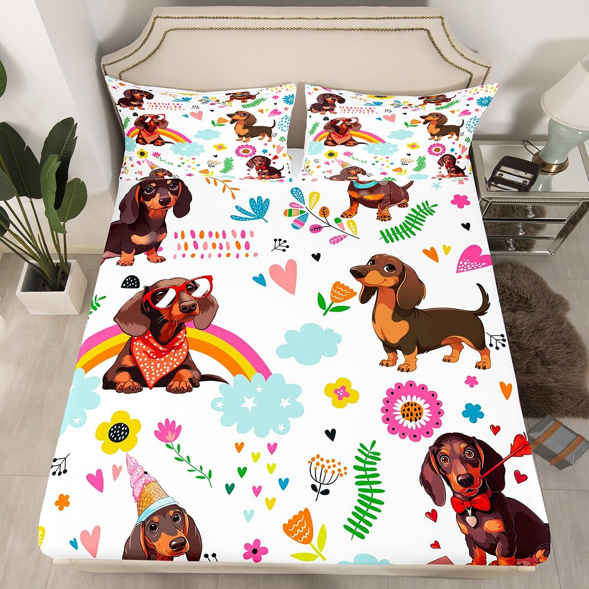 Erosebridal Kawaii Dachshund Fitted Sheet Twin Cute Rainbow Wiener Dog Bedding Set Cartoon Flower Animal Puppy Bed Sheets for Kids Girls Boys,Floral