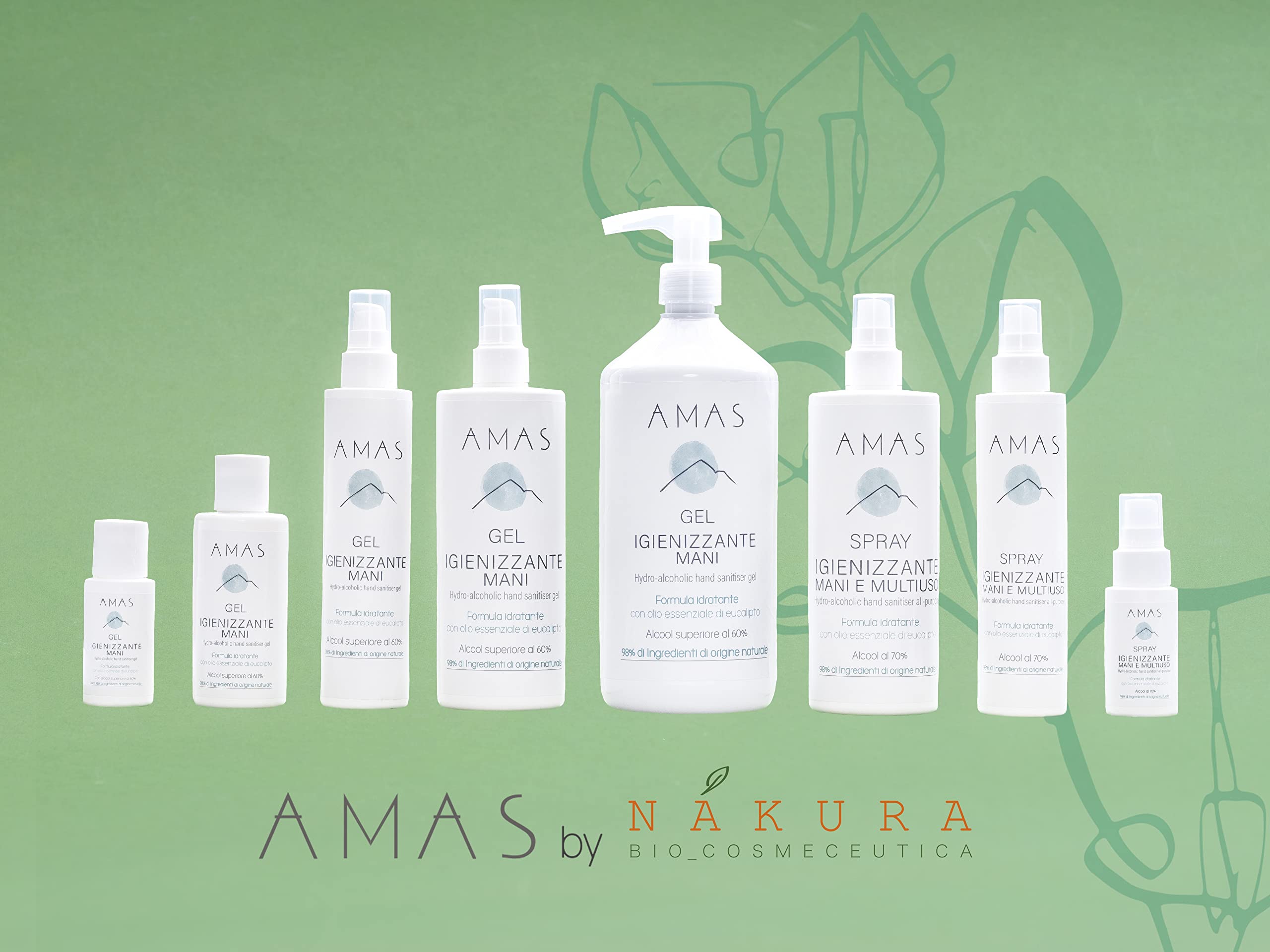 AMAS Spray Igienizzante Mani e Multiuso 98% Origine Naturale Alcool 70% Olio Essenziale di Eucalipto 50 ml