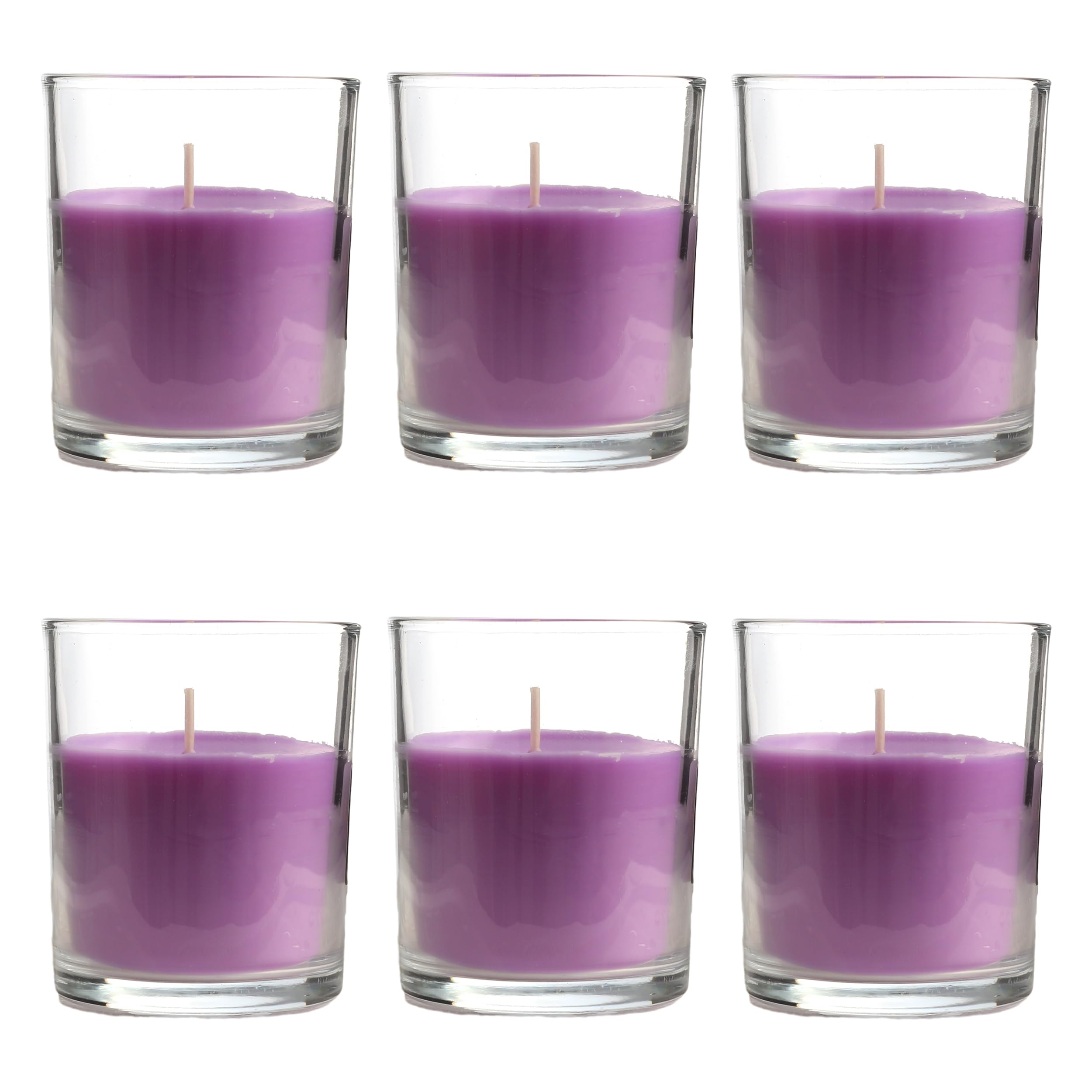Pack de 6 Velas Aromáticas en Vaso de Cristal Reciclable 125g - 28h de Duración，Cera Vegetal Perfumada, Fabricadas en España, 8.5x7cm (Lavanda)