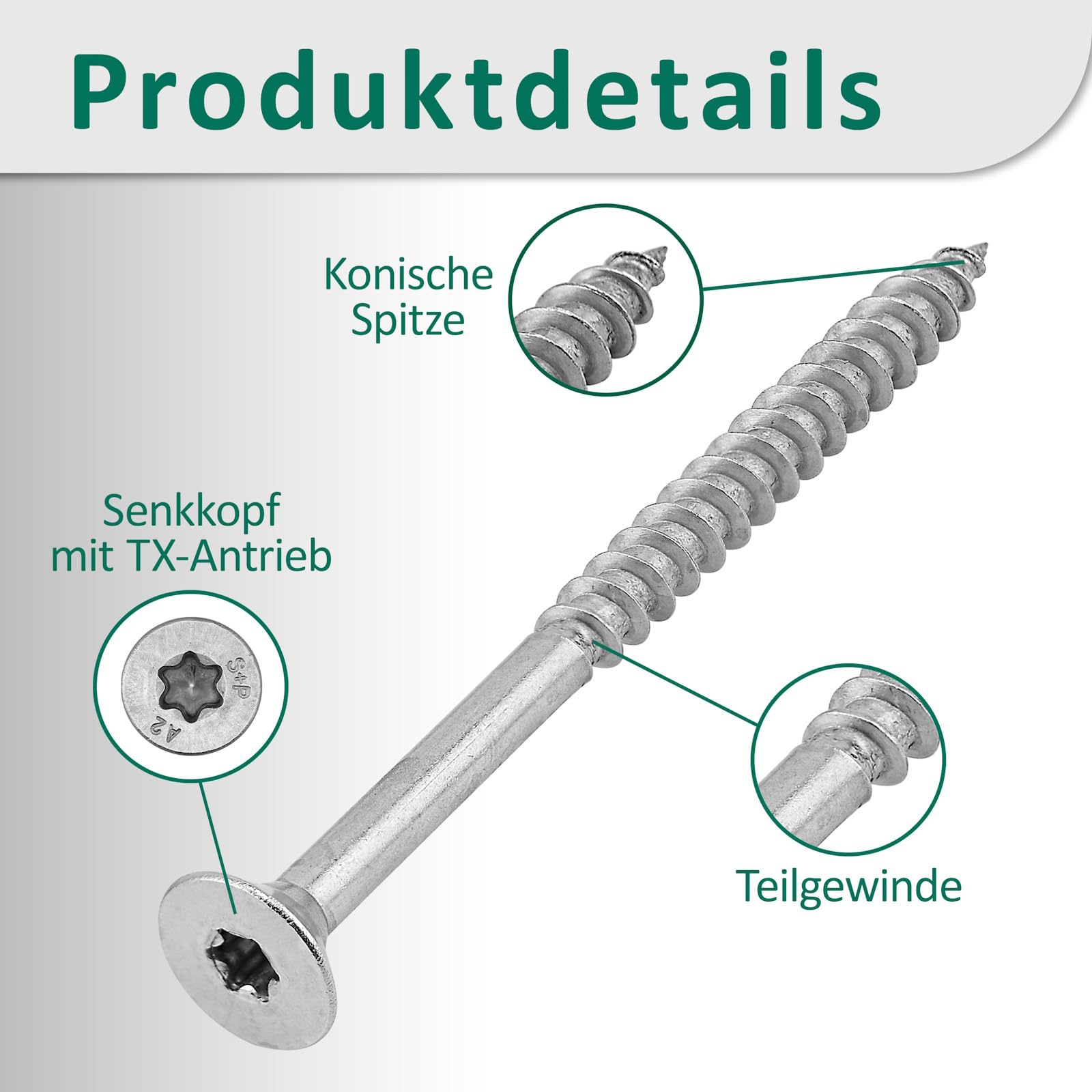 DSM – Tornillos para aglomerado de 5 x 80 mm – Acero inoxidable A2/V2A – con cabeza avellanada y tracción TX – Aprobado por ETA – Tornillos para madera con rosca parcial – Tornillo para madera