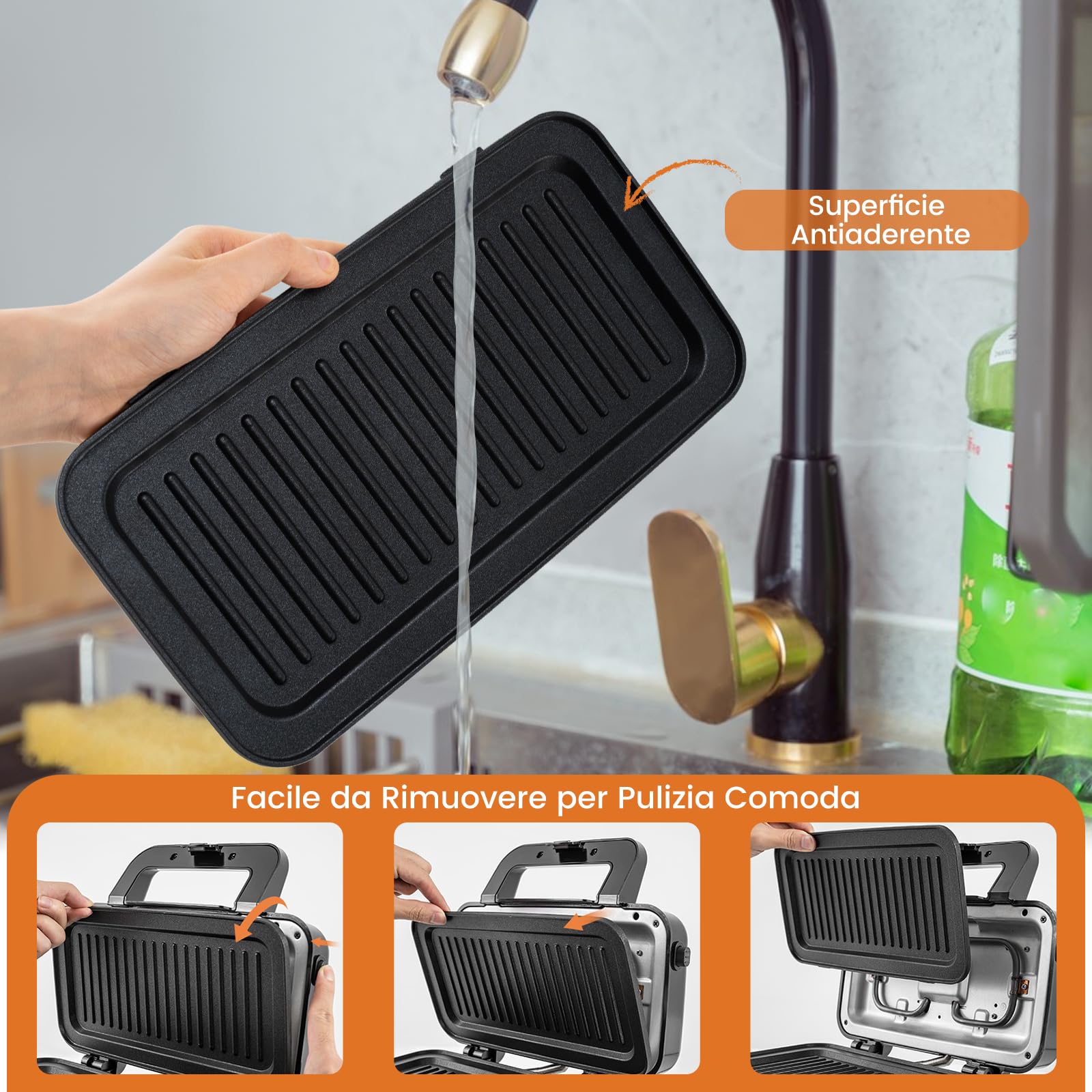 COSTWAY 3 in 1 Tostapane Piastra, Griglia Elettrica Rimovibile 1200W, con Spie Indicatrici e Manico Cool Touch, Riscaldamento Bifacciale con 5 Livelli di Temperatura, Piastra Antiaderente, 29x31 cm