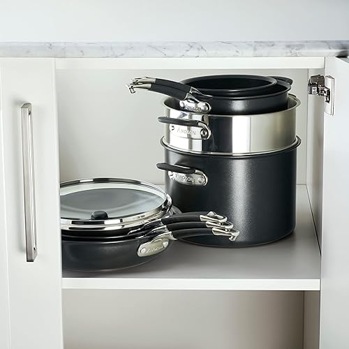 Miniatura 5 de Anolon SmartStack - Juego de ollas y sartenes de anidación de inducción antiadherentes, anodizado duro, apto para lavavajillas, 9 piezas, color negro