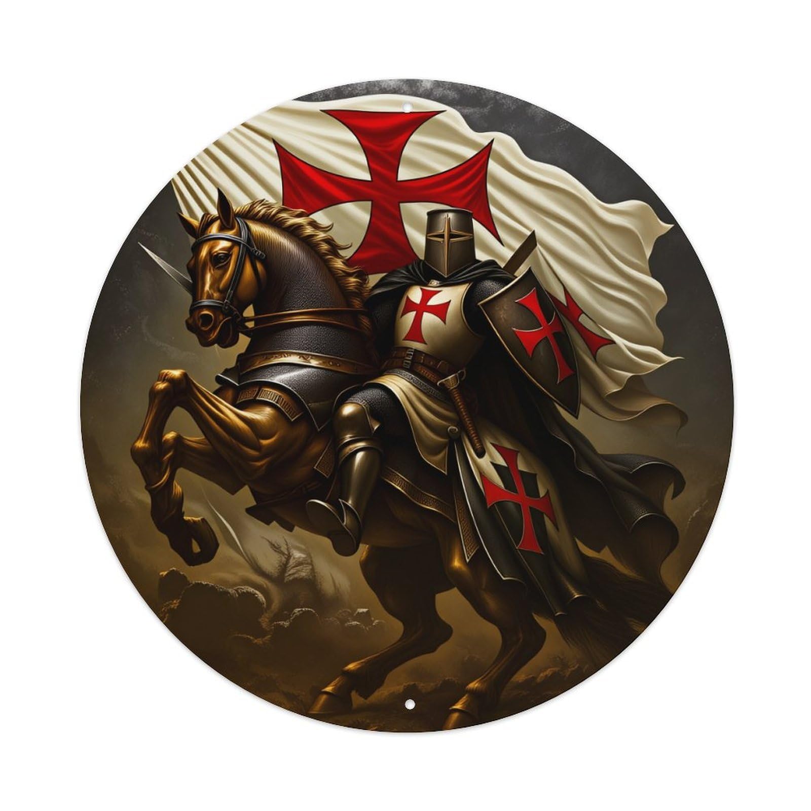 Wmlzdnwr Vintage Knight On Horse With Red Cross Flag And Armor Round Tin Sign,Retro Wall Art,Metal Poster For Home, Bar, Garage, Cafe, Rustic Indoor & Outdoor Decor, 8X8 Inches