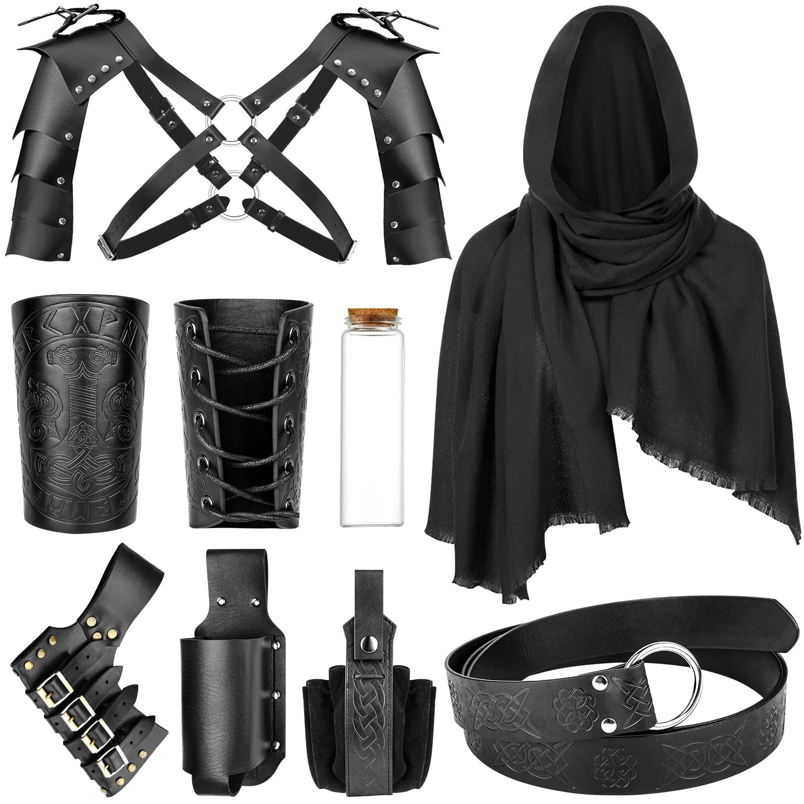 PLULON disfraz de caballero medieval para hombre, chal renacentista con accesorios medievales en relieve, cinturón de piel sintética, brazaletes, bolsa, espada, rana, armadura de hombro para disfraz de Halloween