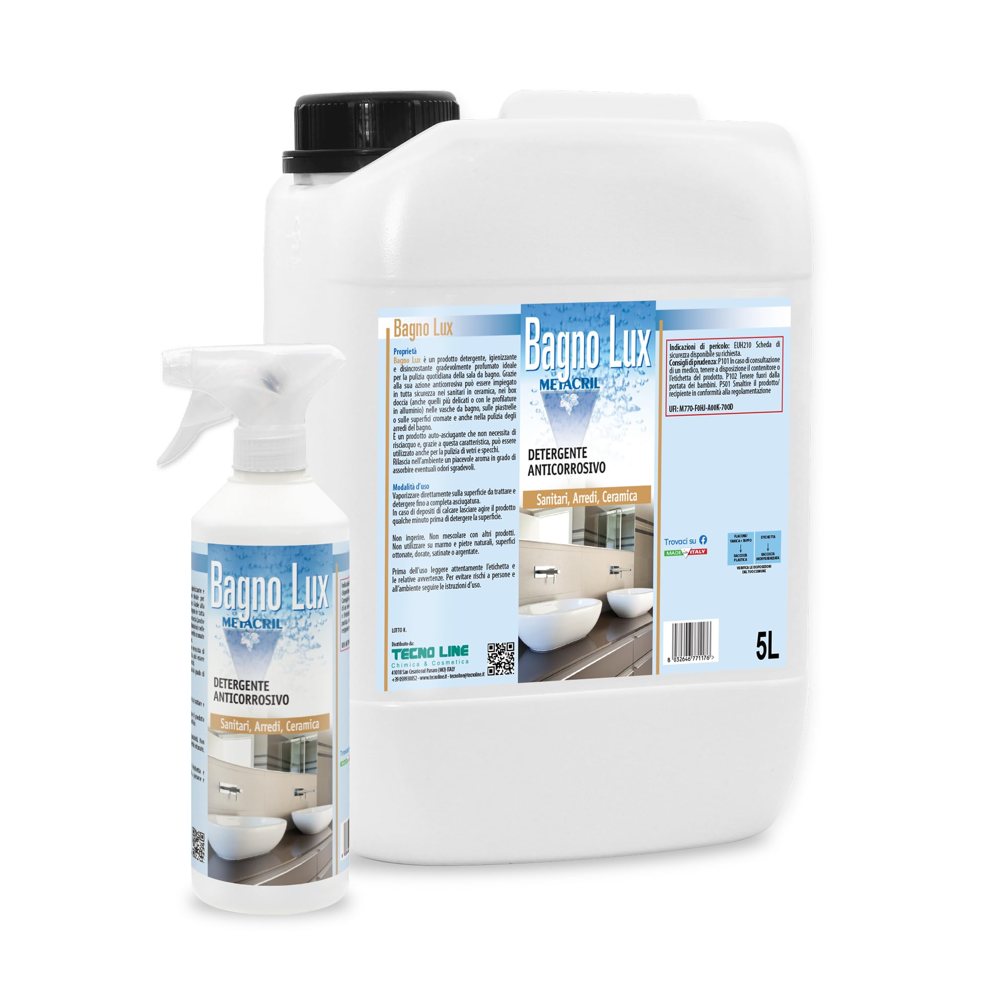 Metacril Bagno Lux con Flacone Vaporizzatore, Detergente Anticorrosivo, per Sanitari, Arredi e Ceramica, Nota Aromatica al Cocco - 5L
