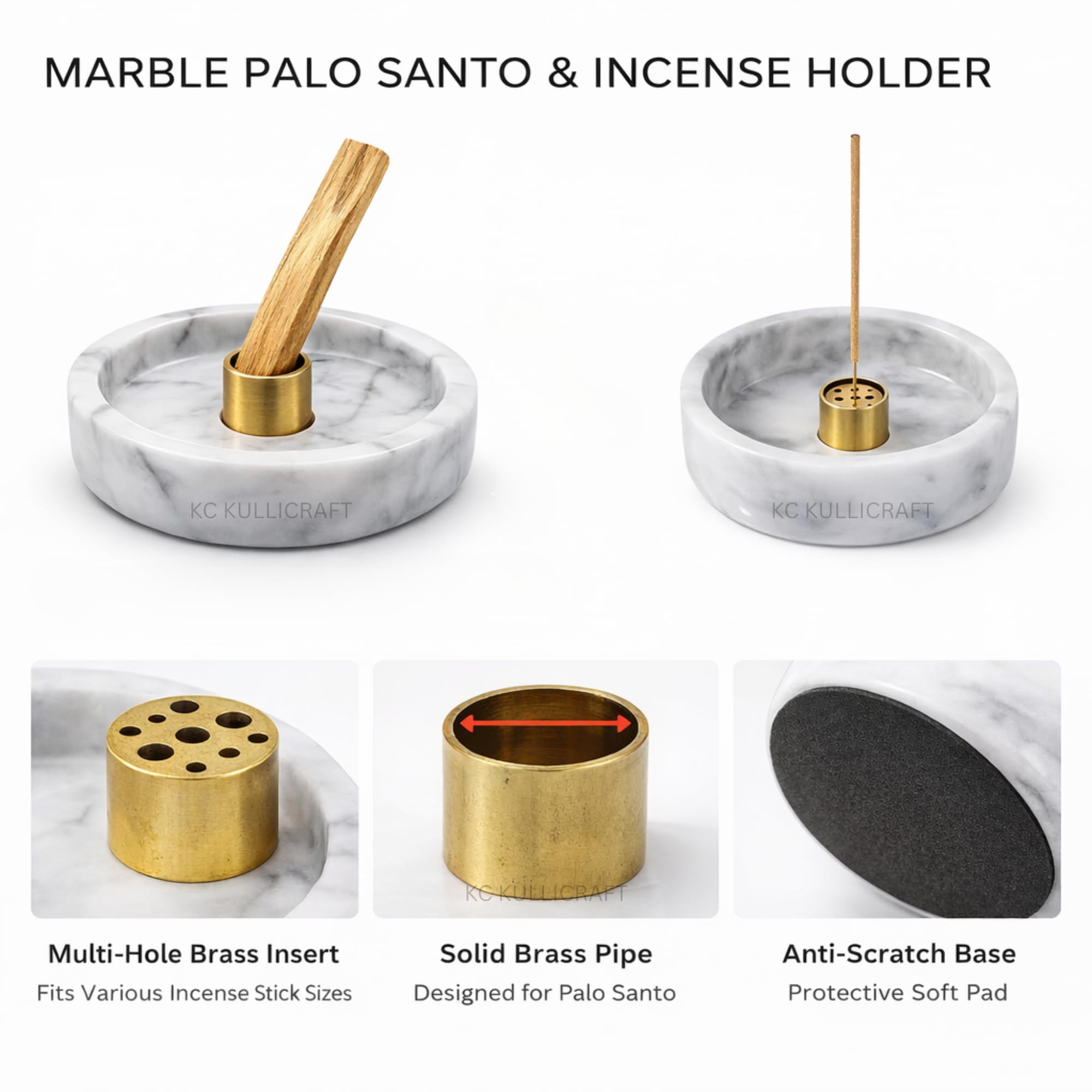 KC KULLICRAFT Natural Marble Bowl and Brass Palo Santo and Incense Holder 1