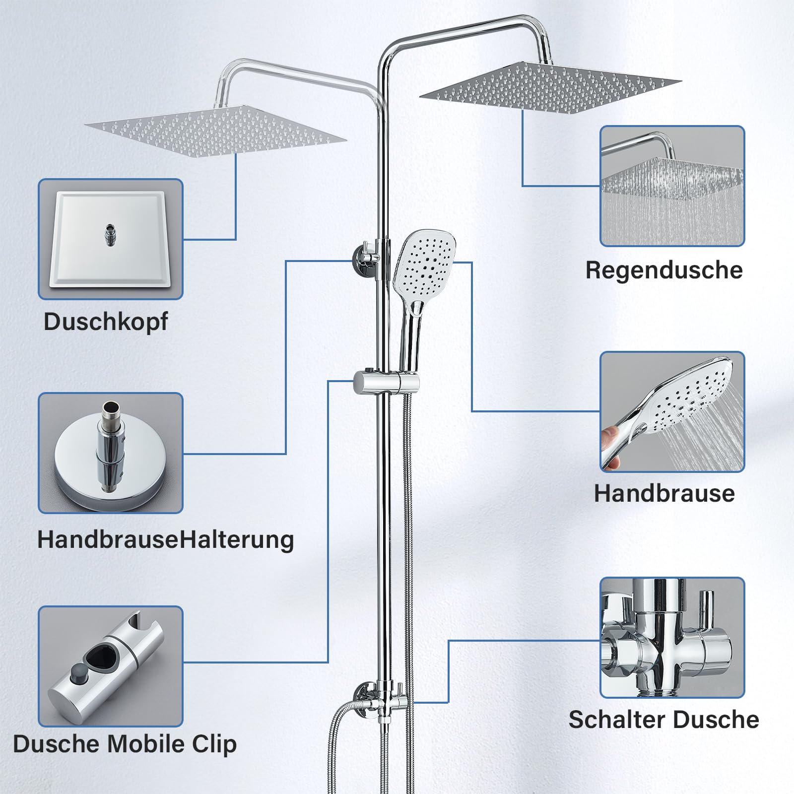 Regendusche Duschsystem Edelstahl Duscharmatur Ohne Armatur Set Duschstange mit brause Duschkopf mit Schlauch und Halterung 3 Strahlarten,30x30cm Eckig Kopfbrause Duschset,Chrom