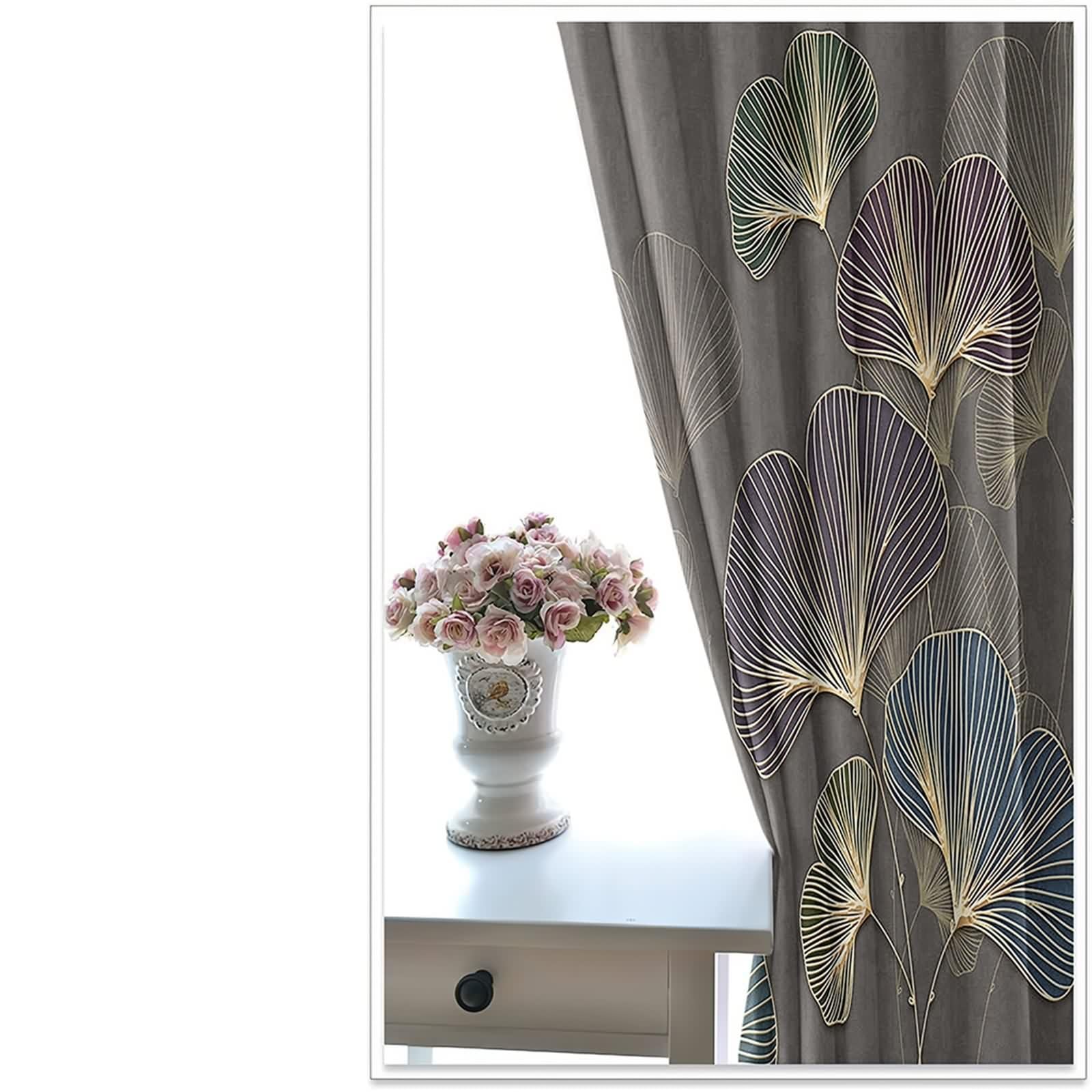 Rideau Anniversaire, Rideaux Fenetre Chambre Gris Foncé Polyester Motif de Feuille de Ginkgo 107L x 229H CM Lot de 2