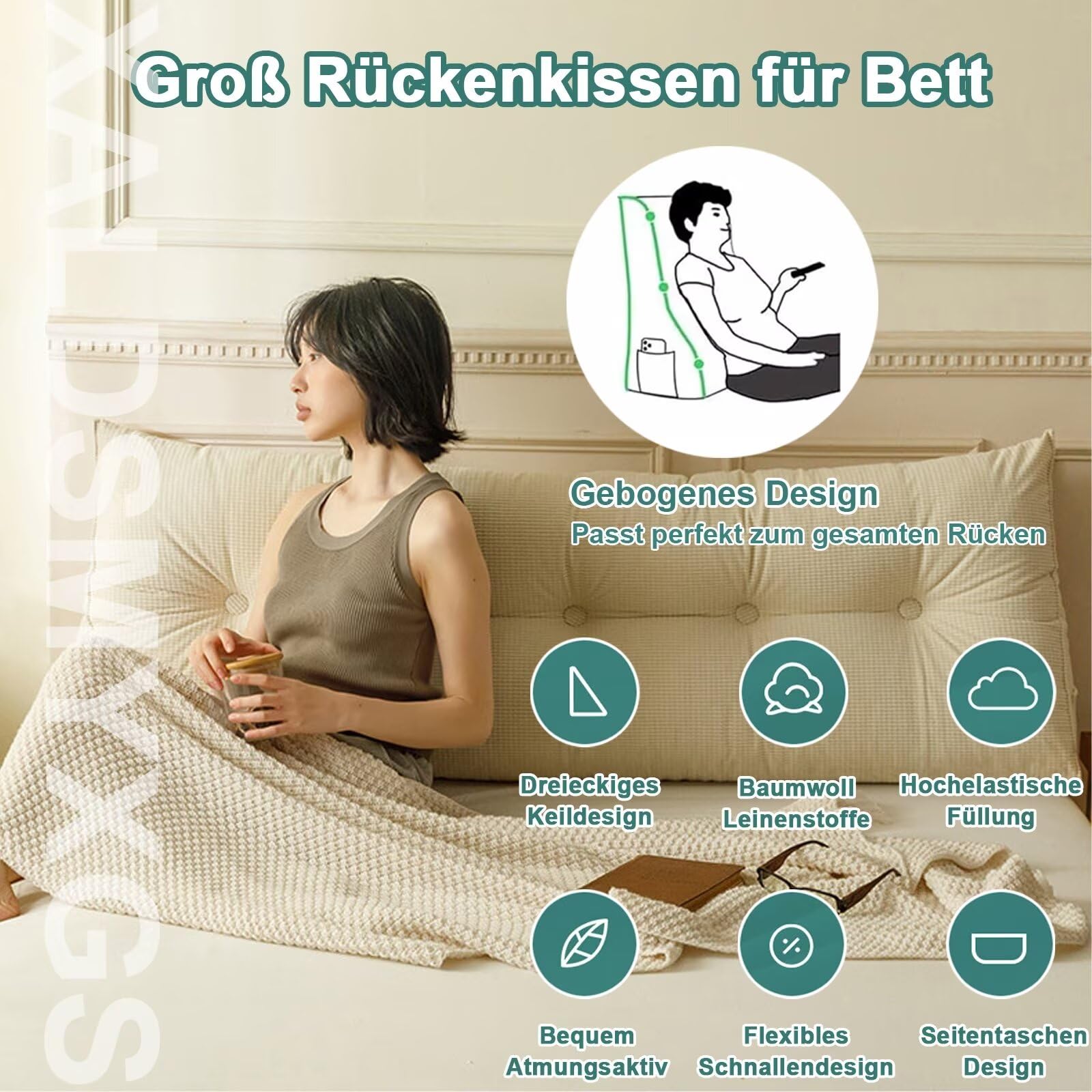 Rückenkissen Bett Armeegrün 200cm, Groß Lesekissen für Bett und Sofa, Cord Bettkissen Rückenlehne Rückenpolster Keil Kopfteil Kissen, Dreieckige Rückenstützkissen Keilkissen Lendenkissen Kopfkissen
