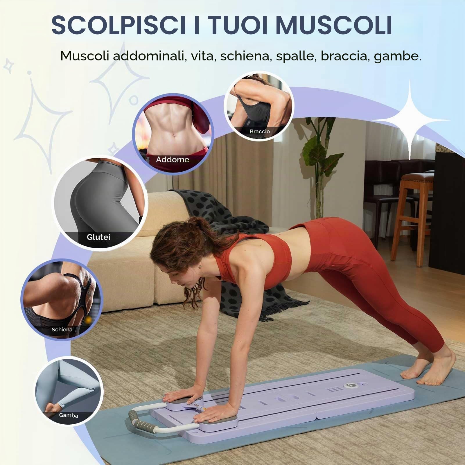ExeractFit Reformer Pilates per Casa Pilates Board Kit con Barra per Pilate e Fasce di Resistenza Tavola Pilate Multifunzionale Rullo per Addominali Machine