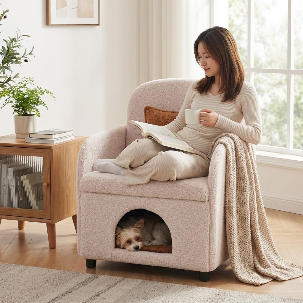 Furniture Style 2 in 1 Pet Friendly Fluffy pet Sofa Fabric Sherpa Dog Sofa Bed Upholstered Leisure Armchair, Plush Seating Chair with Lumbar Pillow for Living Room Bedroom Dog Sofa