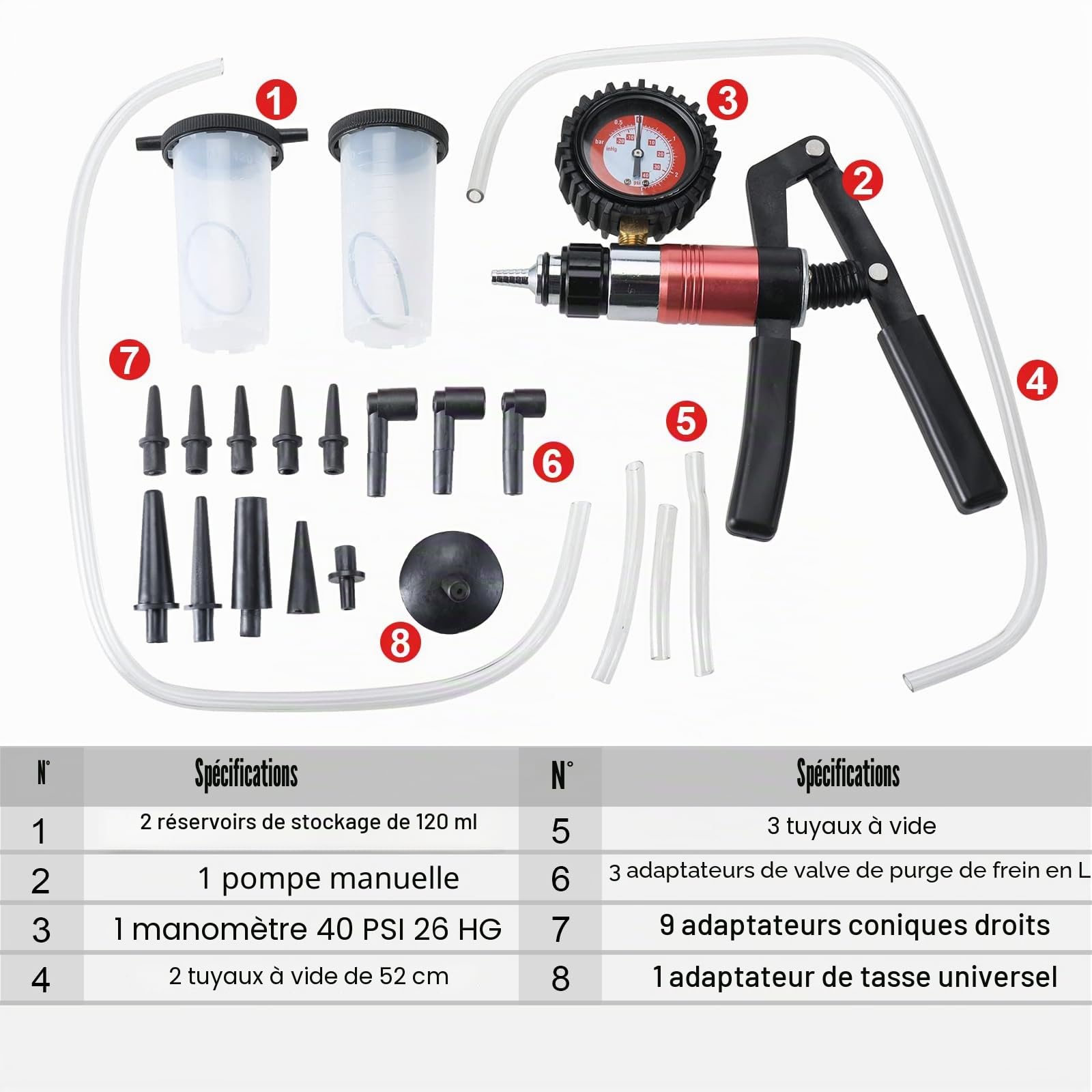 FreeTec 23 Pièces Purge de Frein à Vide, 40 PSI 26 HG Pompe a Depression de Purgeur de Frein, Manuelle Pompe a Vide de Purge Liquide de Frein pour Voiture, Moto, Camion (Rouge)