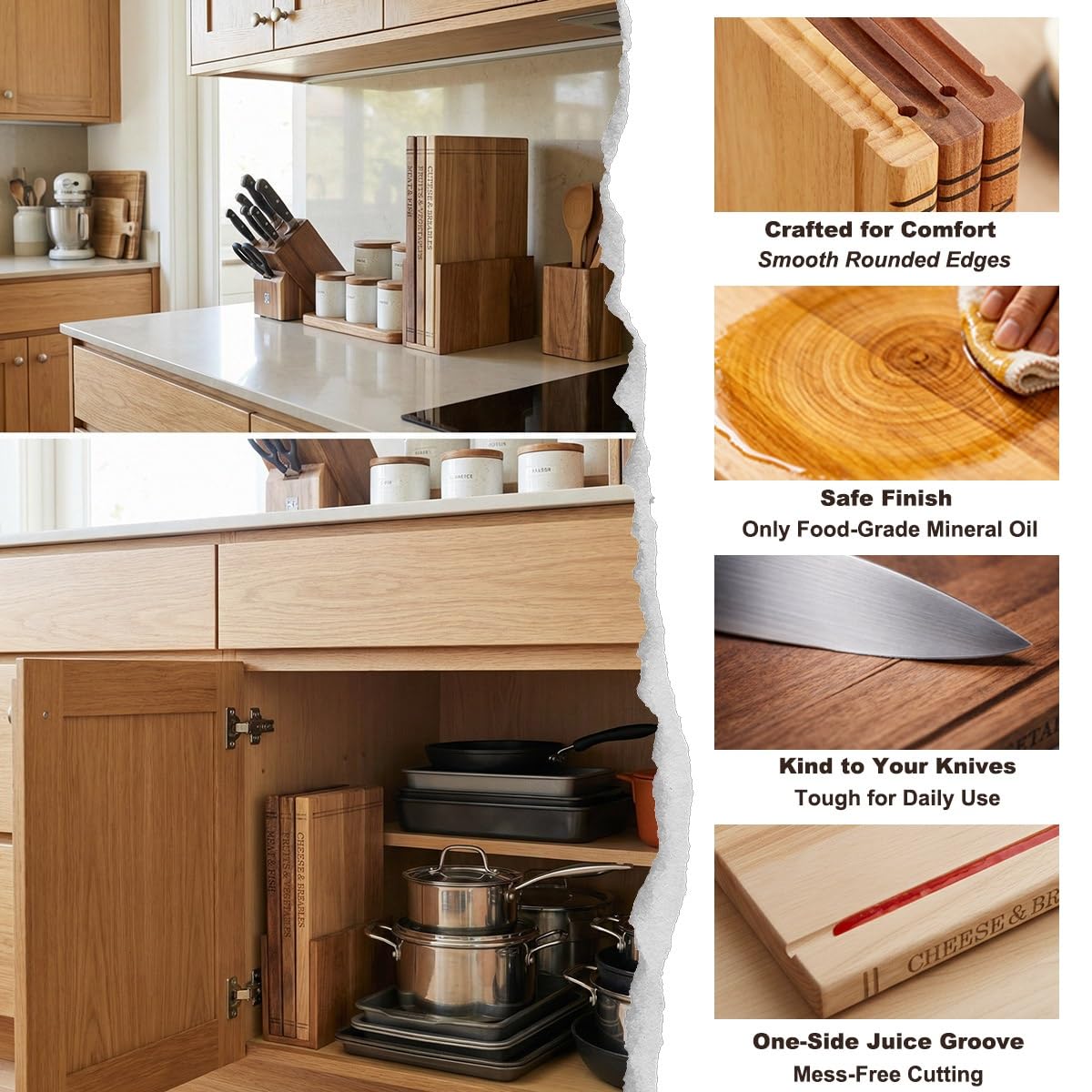 3-teiliges Buch-Schneidebrett-Set für Küche, 100% Akazienholz mit Ständer, Dekorative Holz-Schneidebretter ideal als Geschenk für Mama, Einzug, Geburtstag – 33×25,5×2 cm