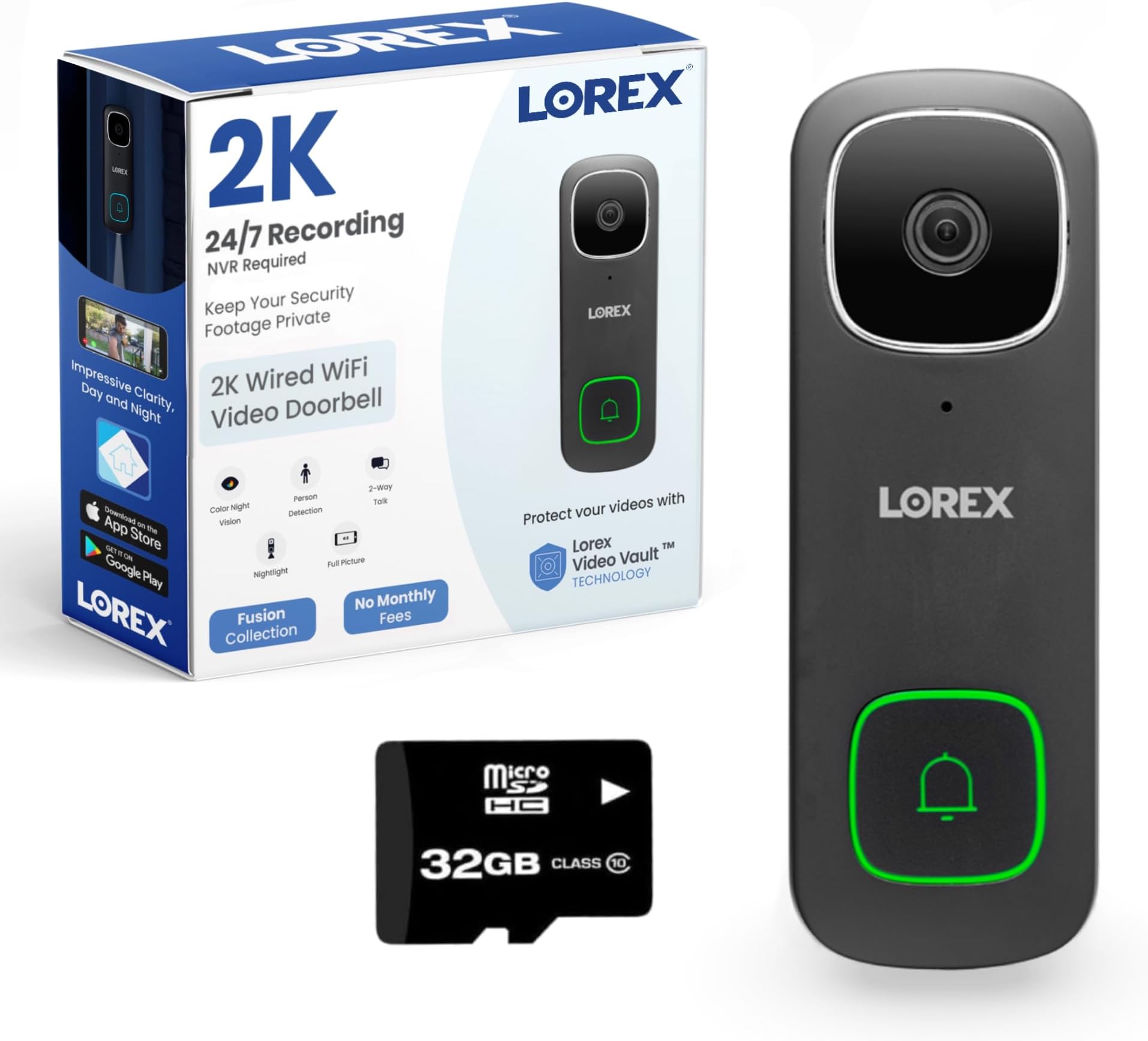 Lorex 2K Wired Wi-Fi Video Doorbell | 32GB Local Storage, No Monthly Fees | Person Detection | Colour Night Vision | -20ยฐC to 50ยฐC Operating Range | 2-Way Talk | IP65 Weatherproof