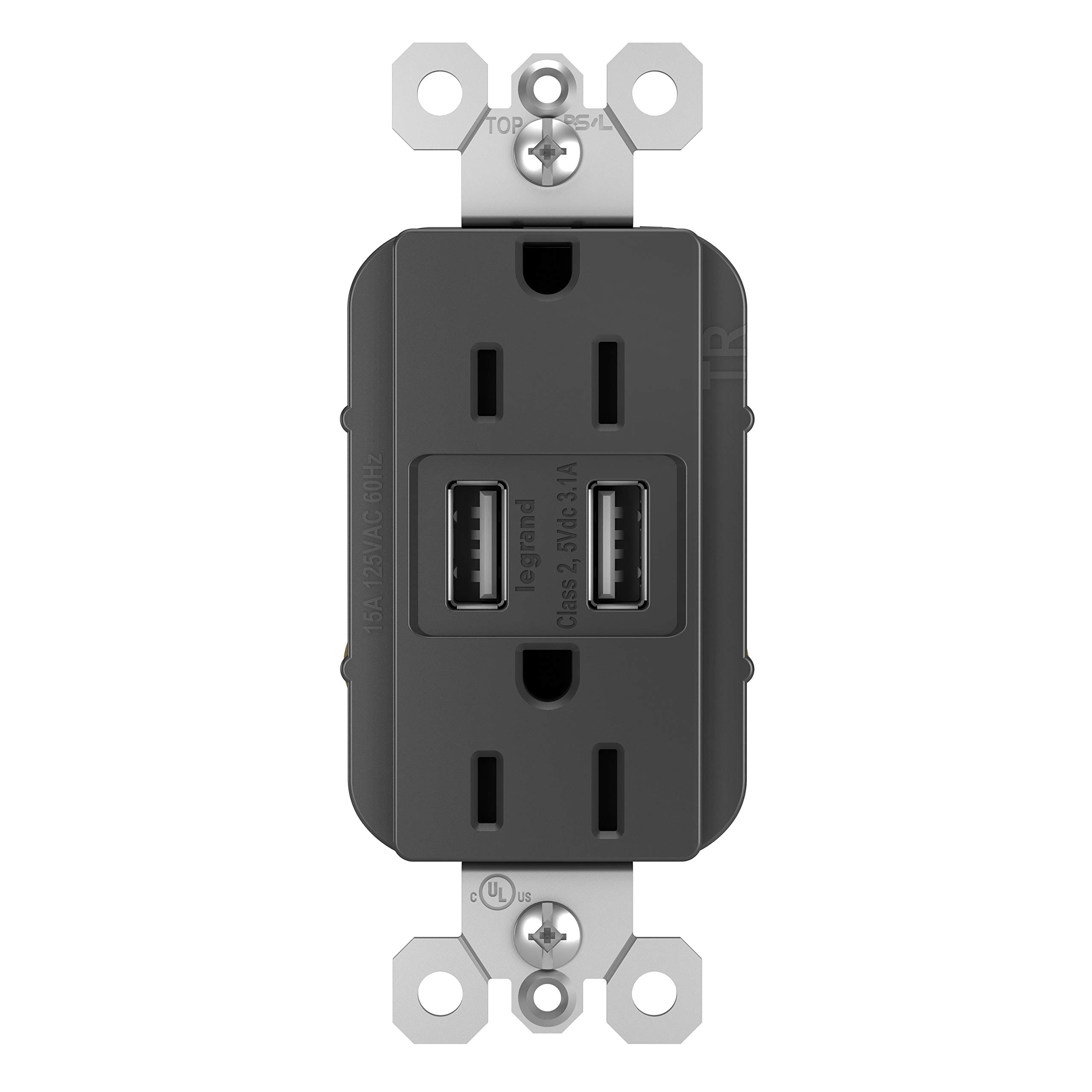 Legrand radiant TM826USBBKCCV4 15 Amp Decorator Duplex Tamper Resistant Outlet Receptacle with 3.1A Type A USB Charger, Black (1 Count)